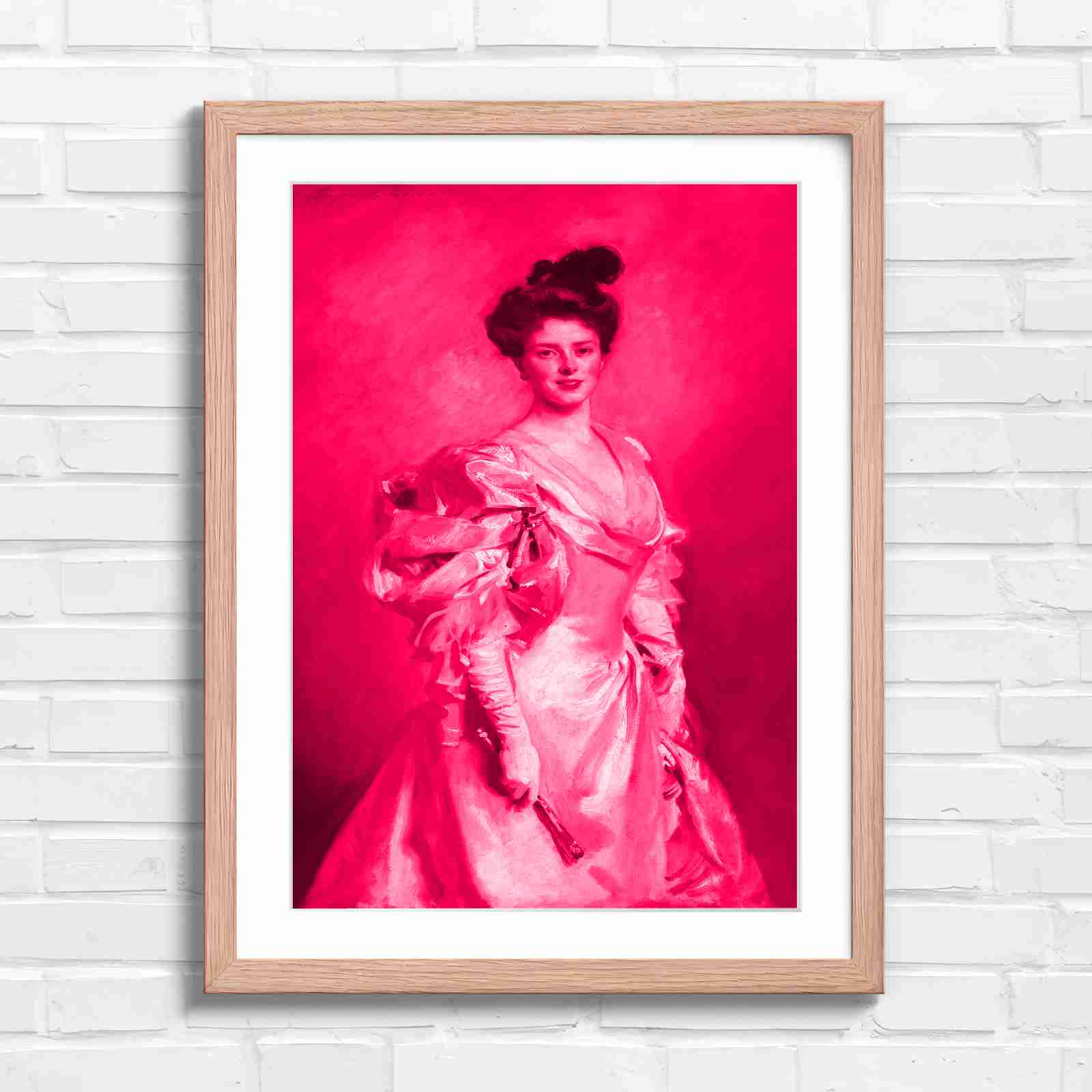 Elegant Vintage Lady Portrait Painting - Pink in Oak Frame