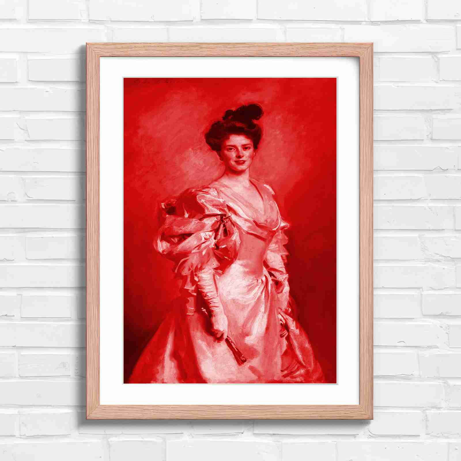 Elegant Vintage Lady Portrait Painting - Red in Oak Frame