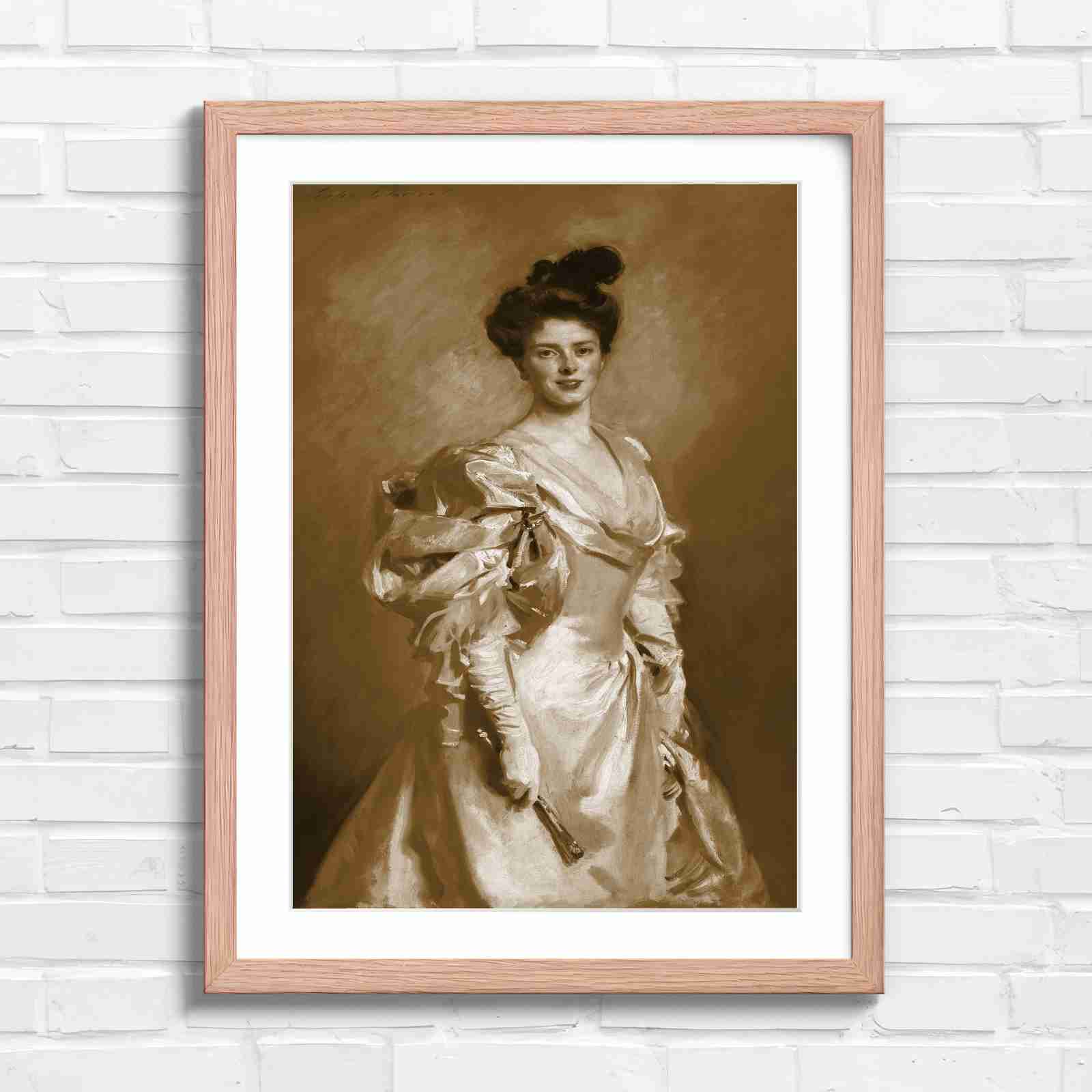 Elegant Vintage Lady Portrait Painting - Sepia in Oak Frame