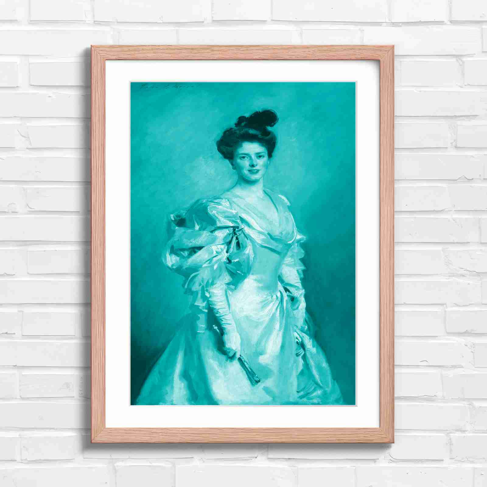 Elegant Vintage Lady Portrait Painting - Teal in Oak Frame