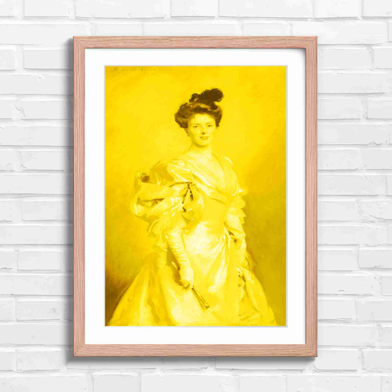 Elegant Vintage Lady Portrait Painting - Yellow in Oak Frame