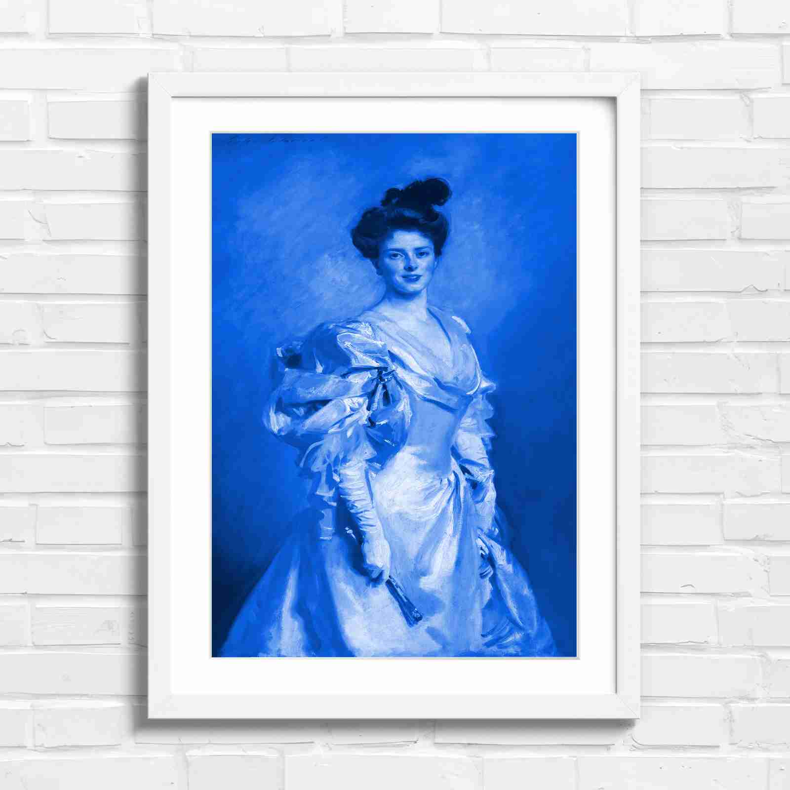 Elegant Vintage Lady Portrait Painting - Blue in White Frame