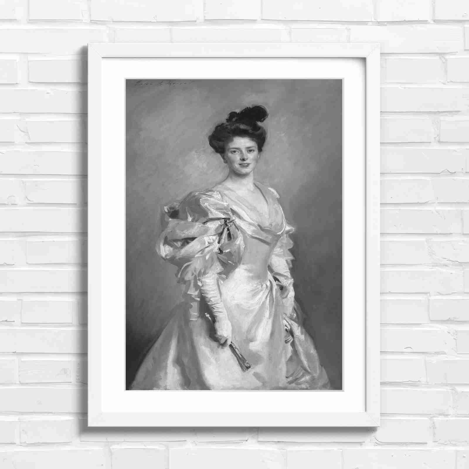Elegant Vintage Lady Portrait Painting - Black & White in White Frame