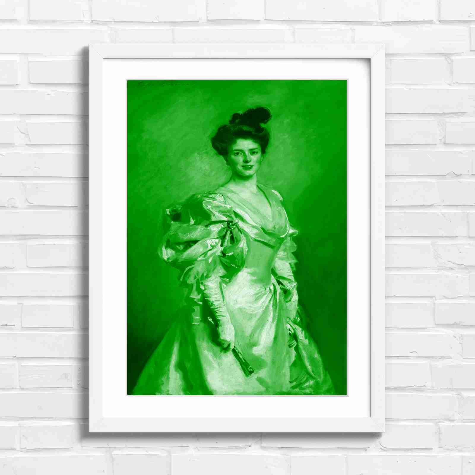 Elegant Vintage Lady Portrait Painting - Green in White Frame