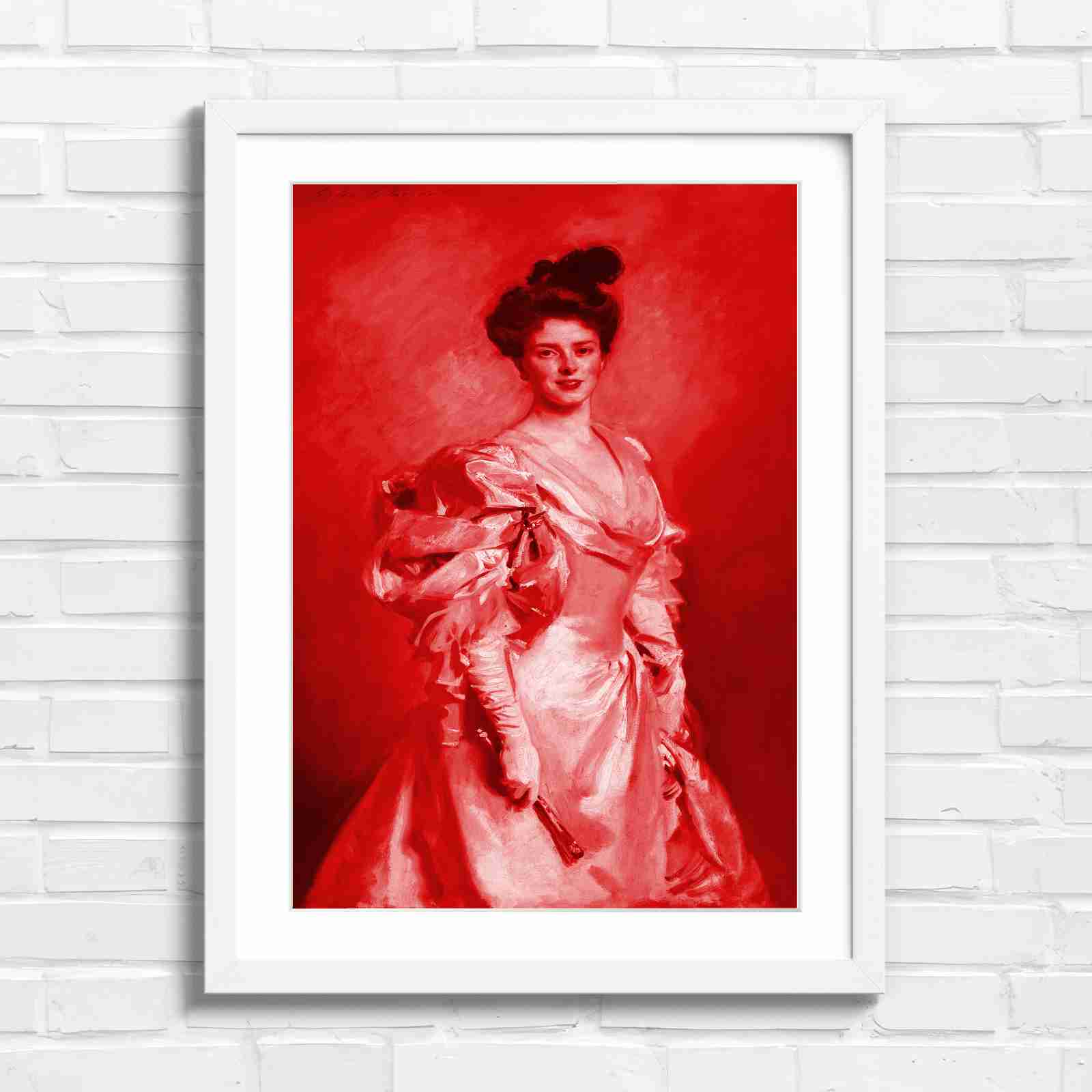 Elegant Vintage Lady Portrait Painting - Red in White Frame