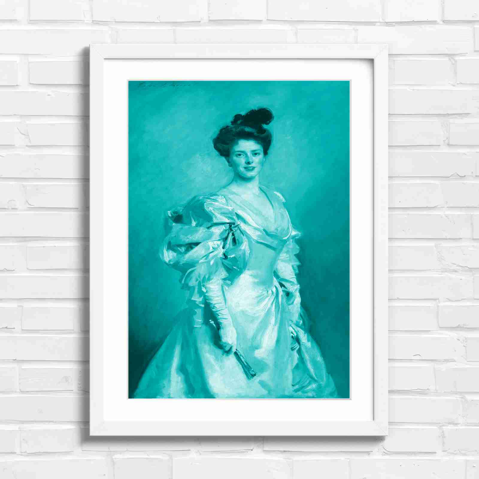 Elegant Vintage Lady Portrait Painting - Teal in White Frame