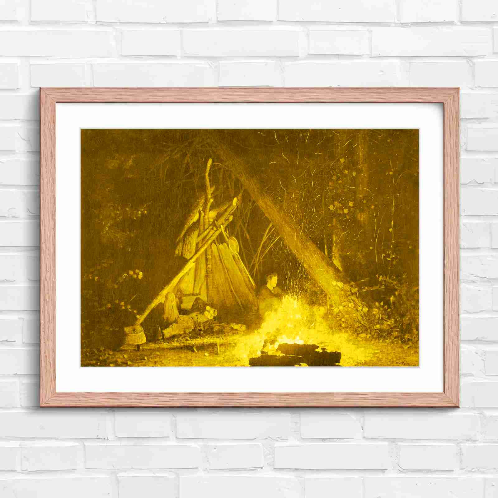 Camping Night Scene Tepee Campfire Art - Yellow in Oak Frame