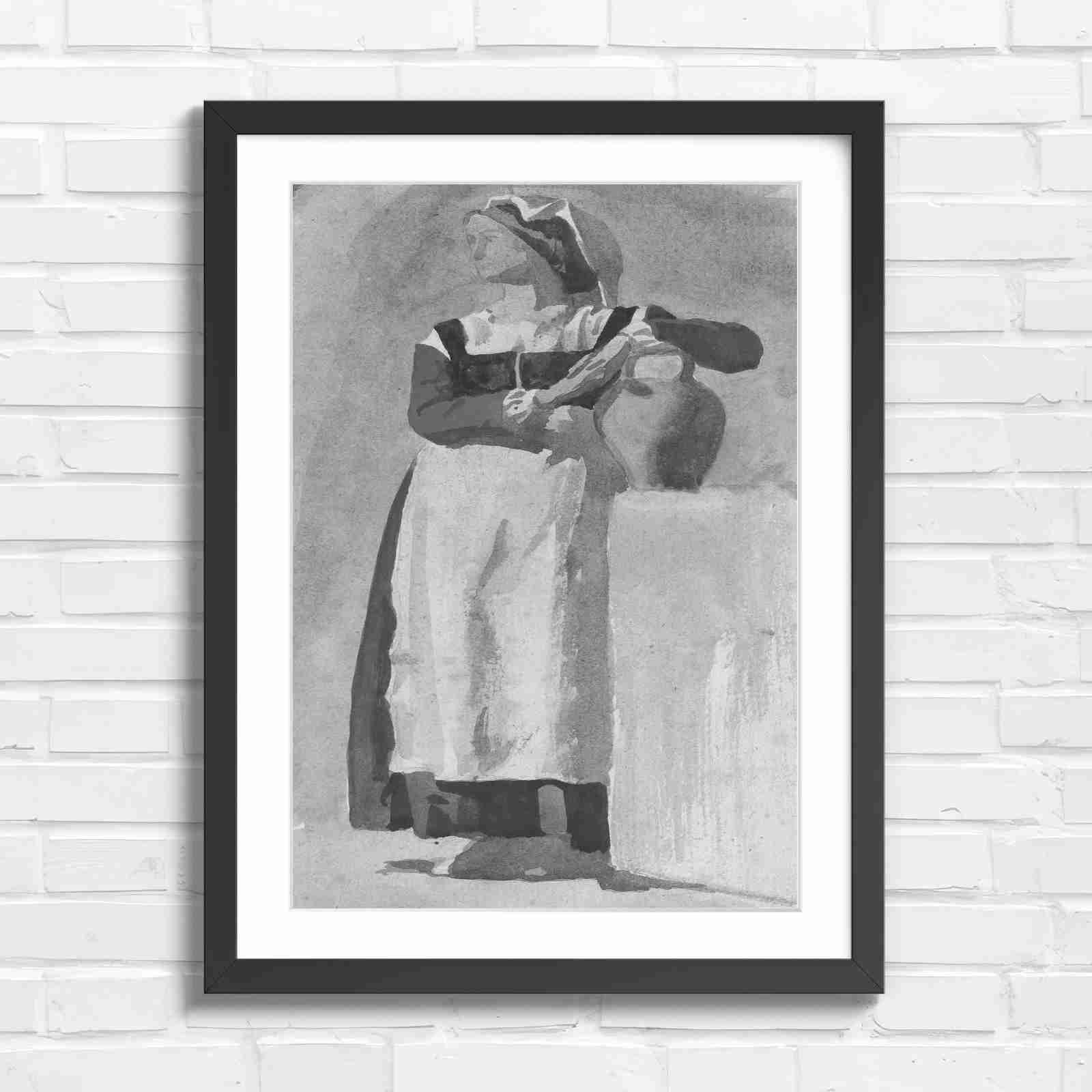 Vintage Woman With Pitcher - Black & White in Black Frame