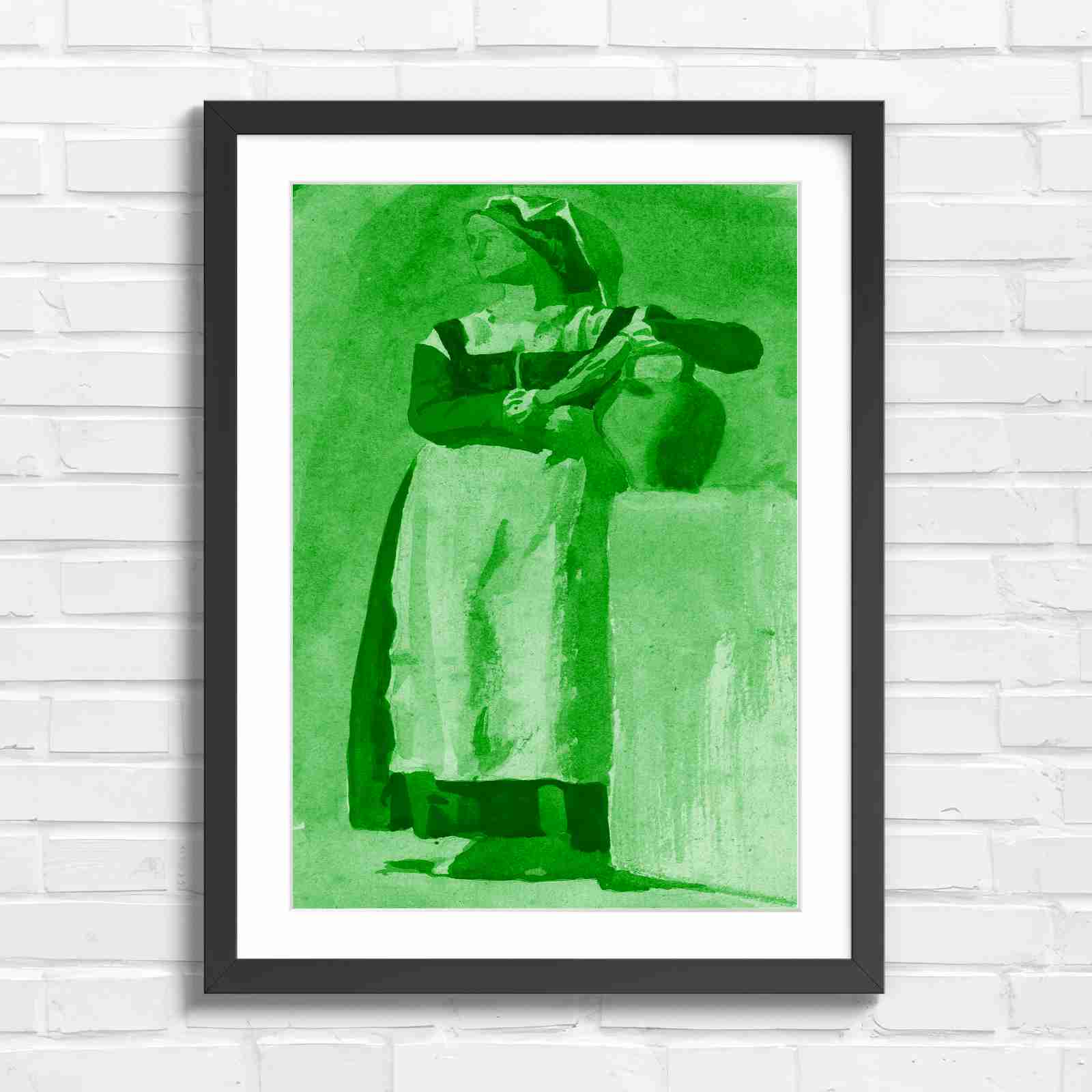 Vintage Woman With Pitcher - Green in Black Frame