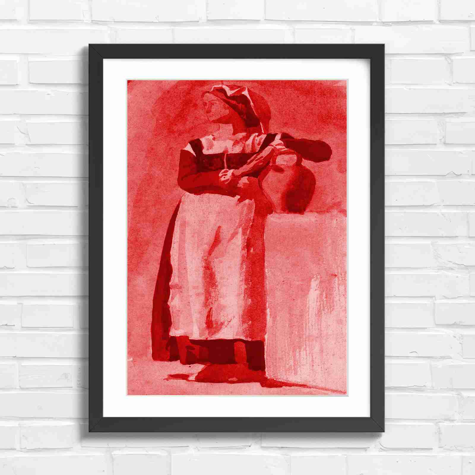 Vintage Woman With Pitcher - Red in Black Frame