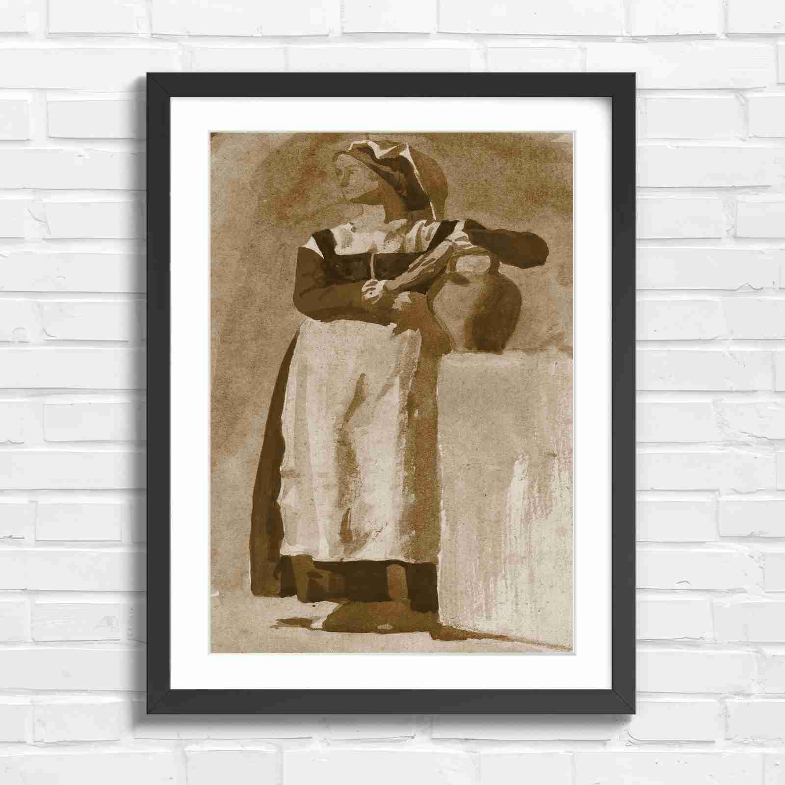 Vintage Woman With Pitcher - Sepia in Black Frame