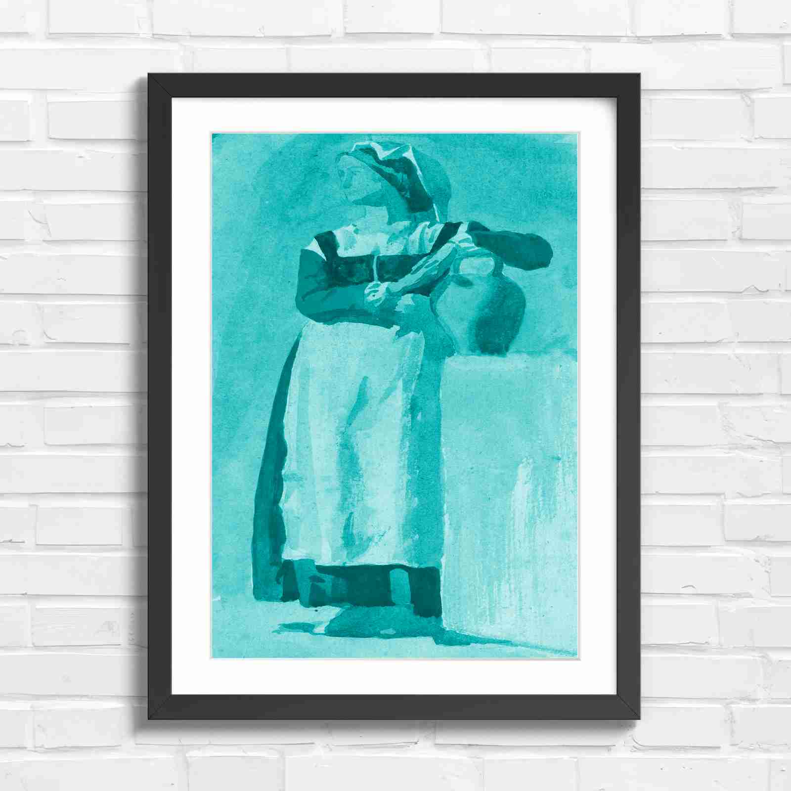 Vintage Woman With Pitcher - Teal in Black Frame