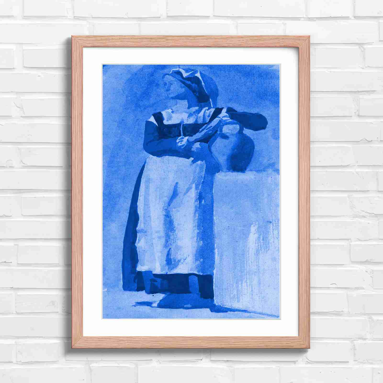 Vintage Woman With Pitcher - Blue in Oak Frame