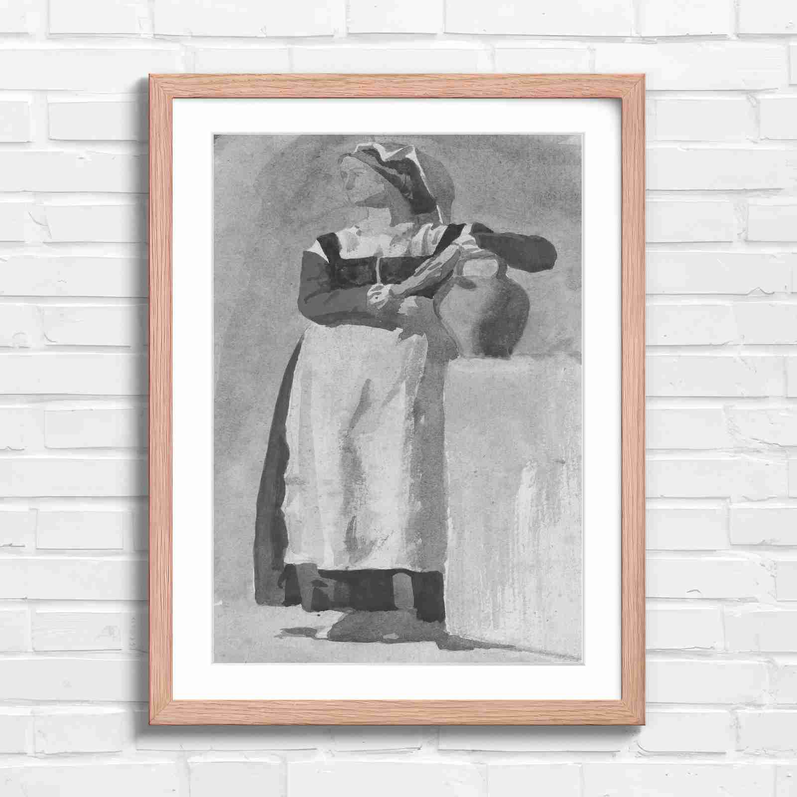 Vintage Woman With Pitcher - Black & White in Oak Frame