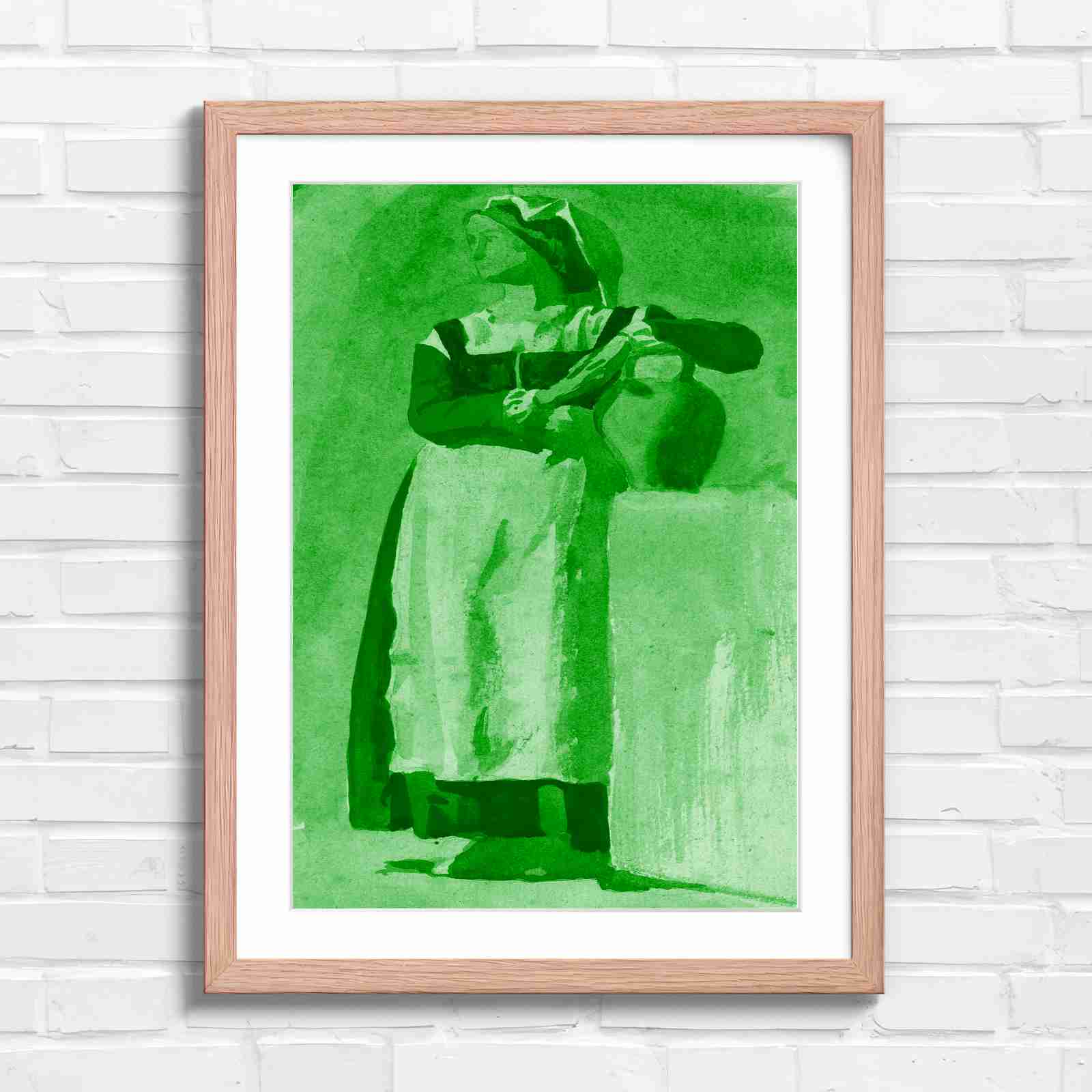 Vintage Woman With Pitcher - Green in Oak Frame