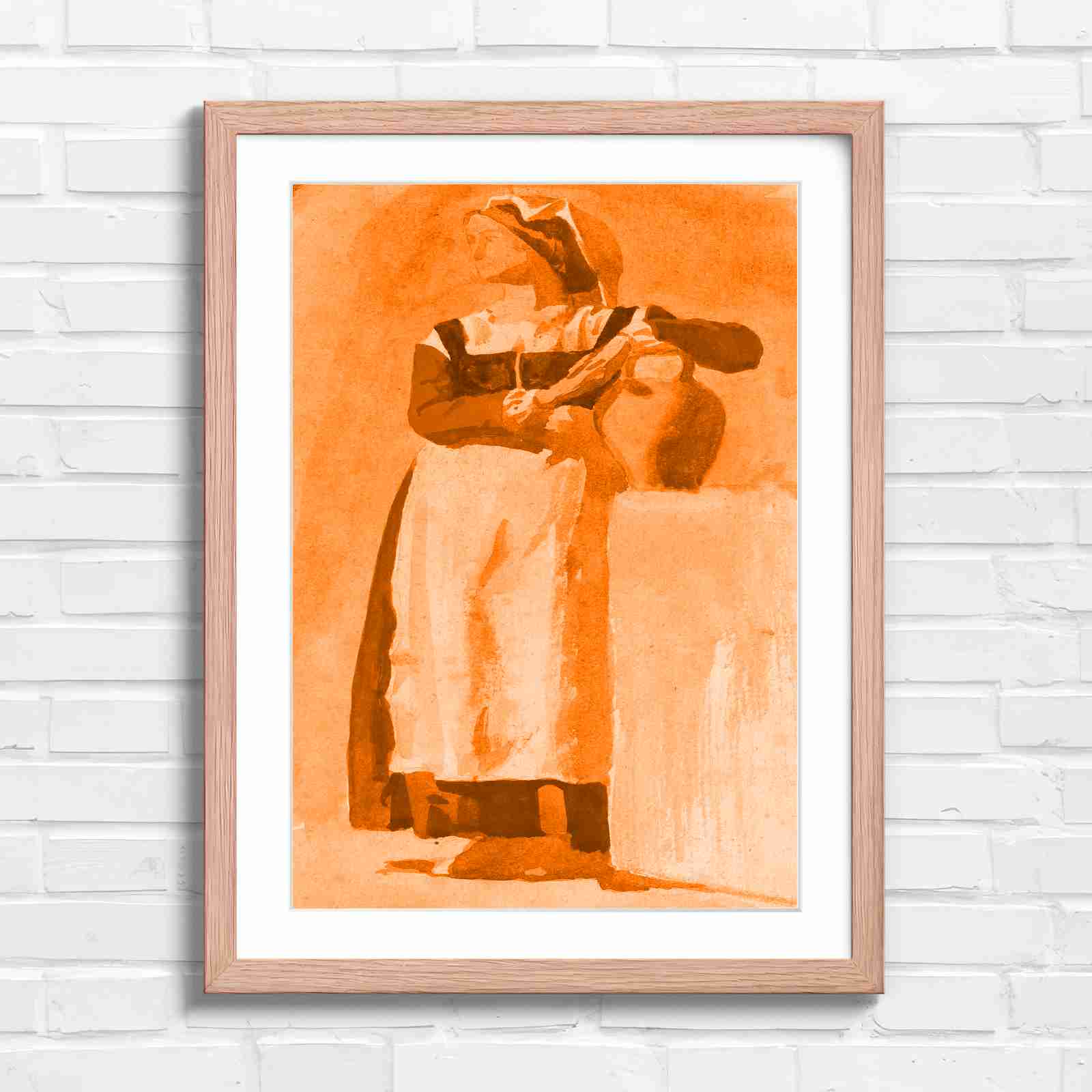 Vintage Woman With Pitcher - Orange in Oak Frame