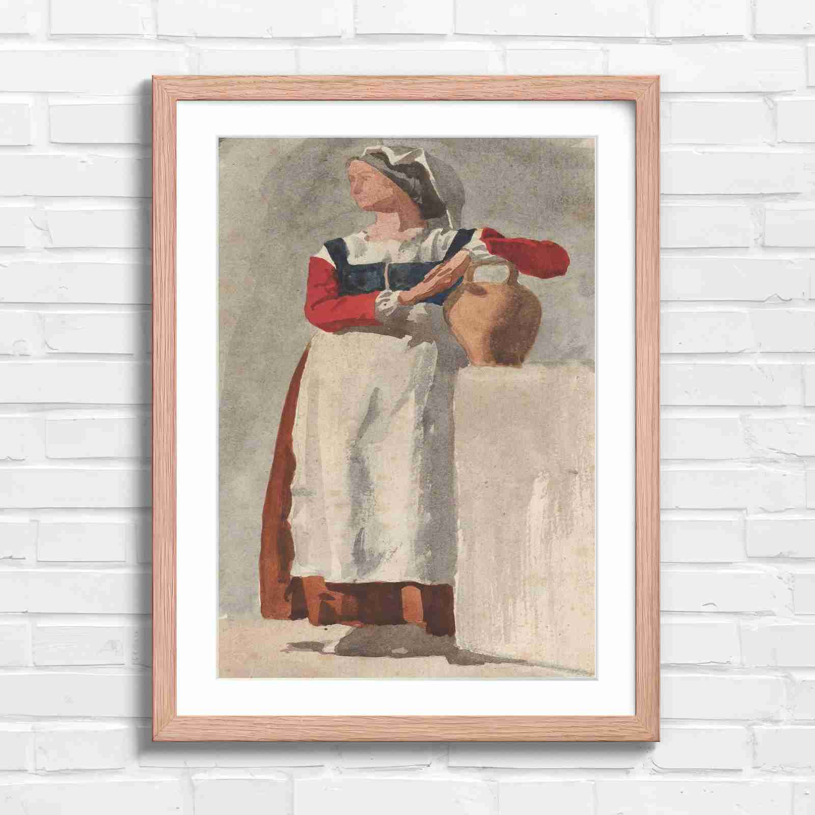Vintage Woman With Pitcher - Original in Oak Frame