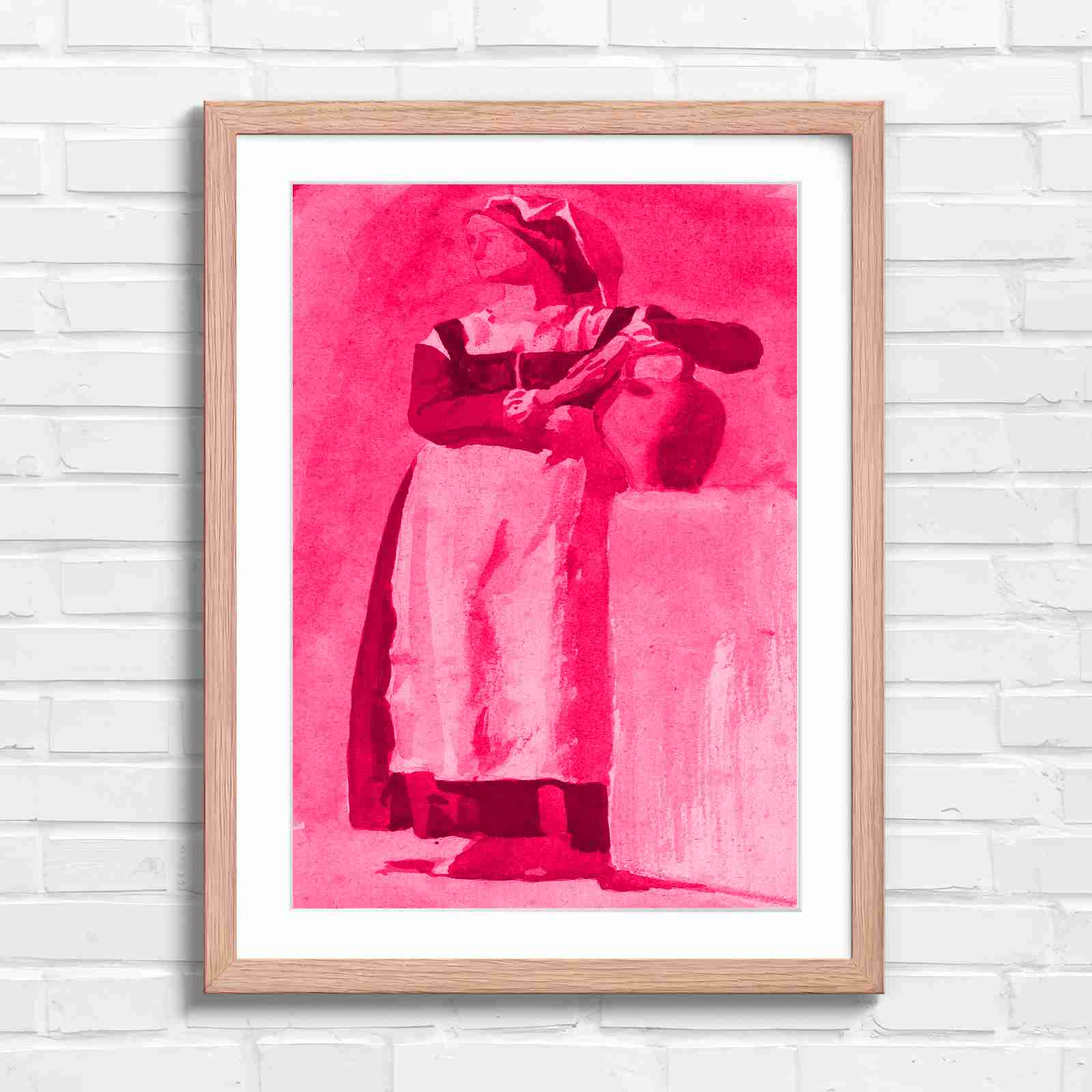 Vintage Woman With Pitcher - Pink in Oak Frame