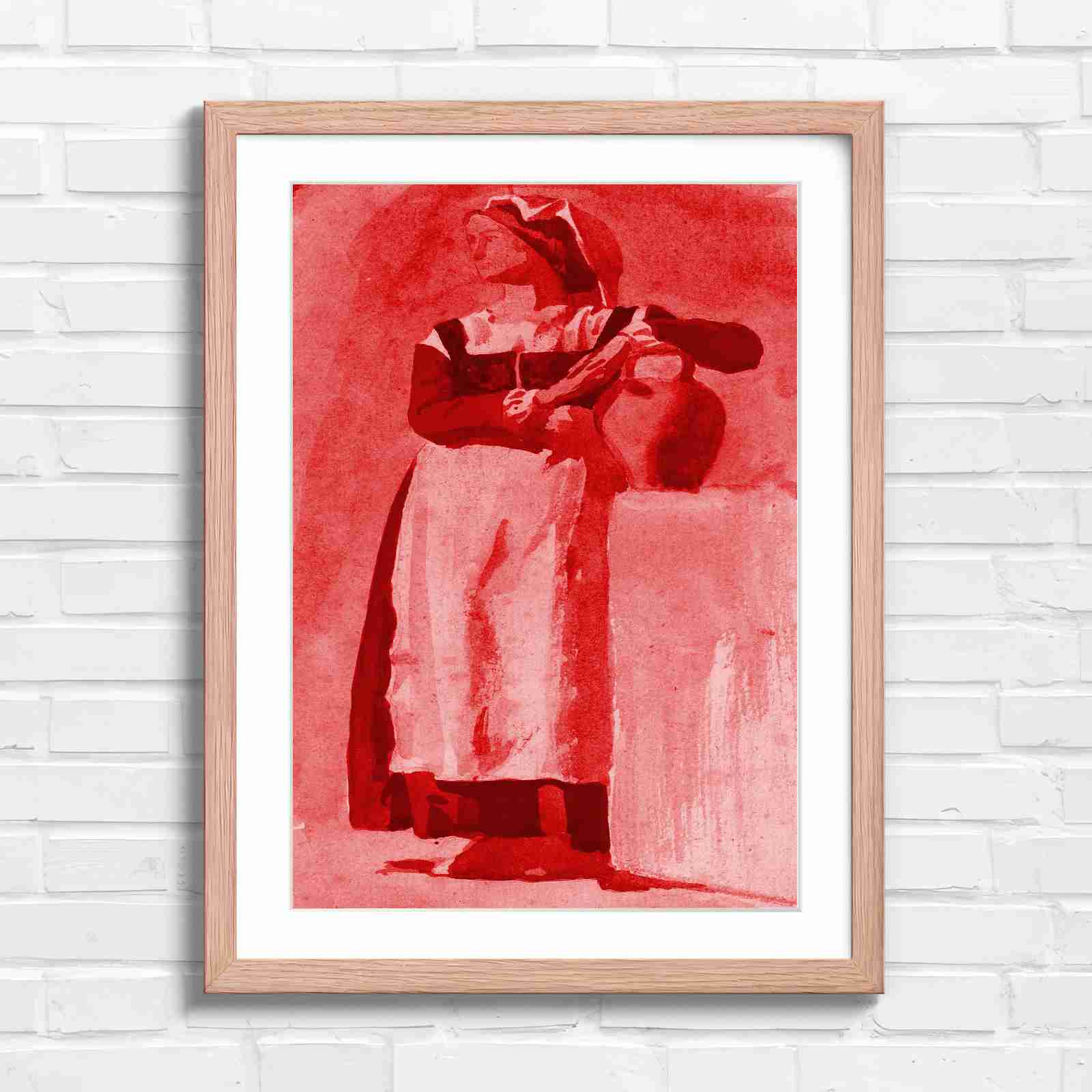 Vintage Woman With Pitcher - Red in Oak Frame