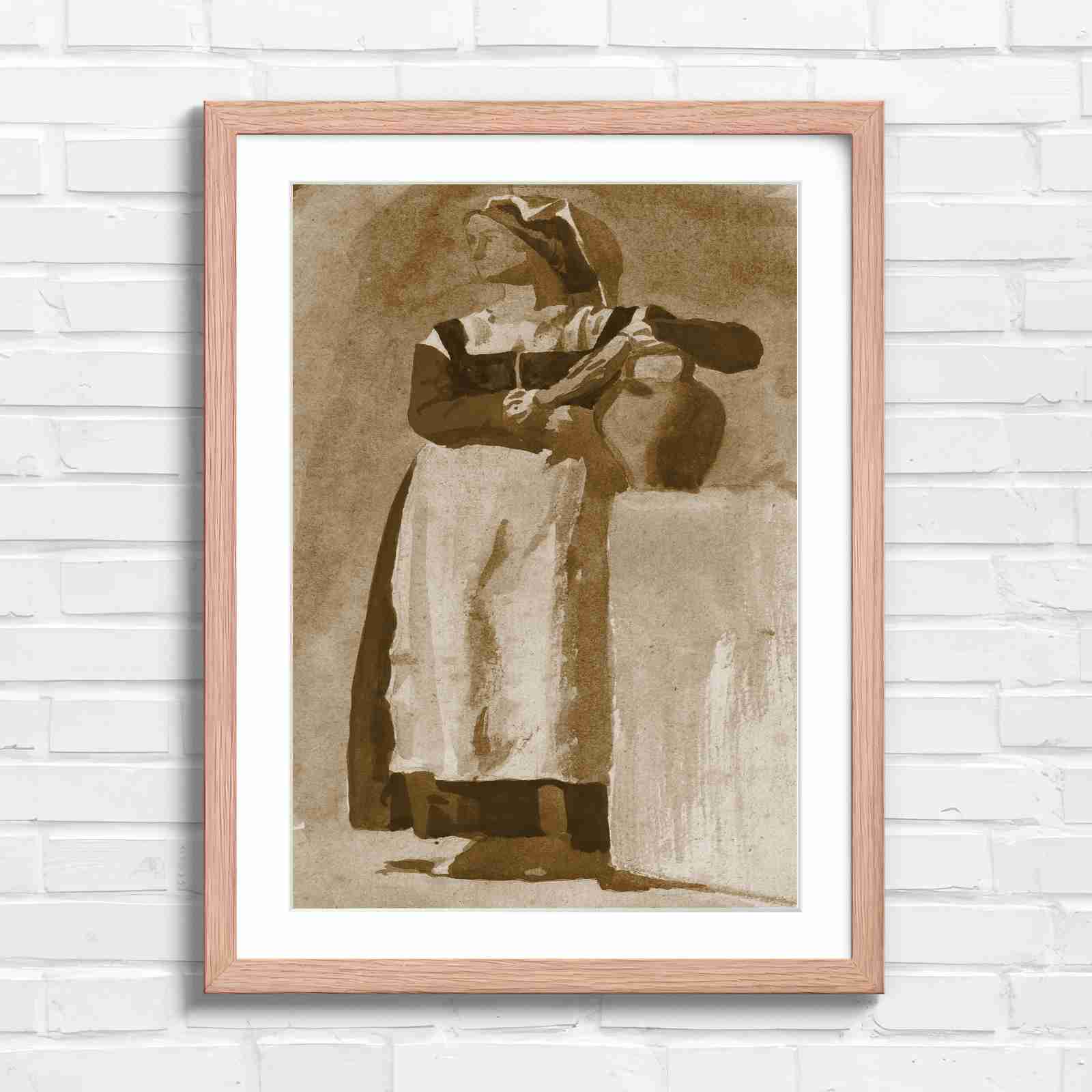 Vintage Woman With Pitcher - Sepia in Oak Frame