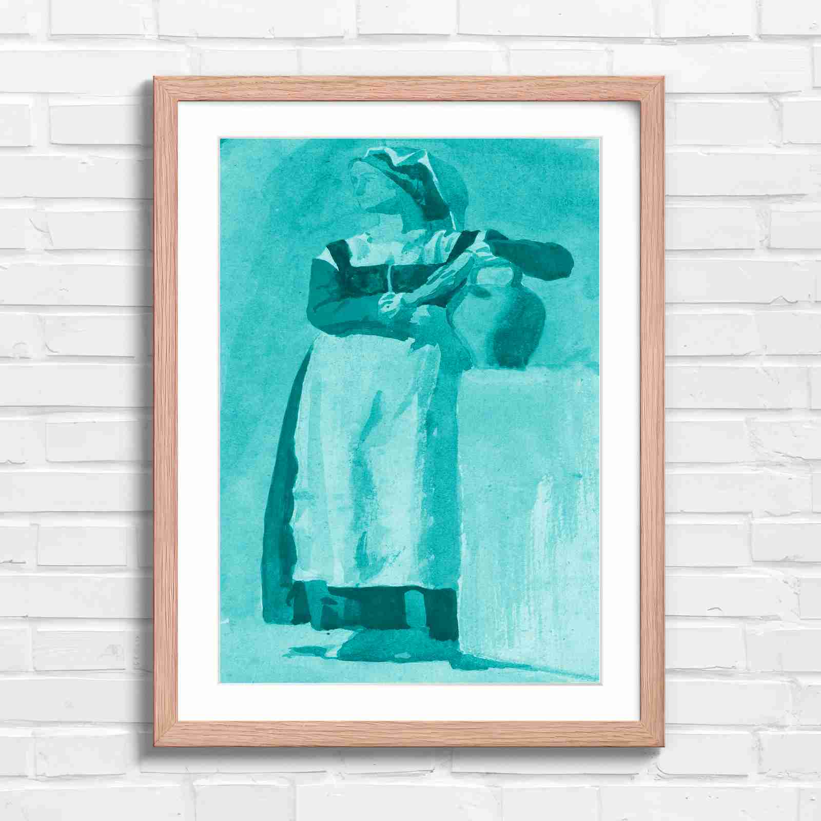 Vintage Woman With Pitcher - Teal in Oak Frame