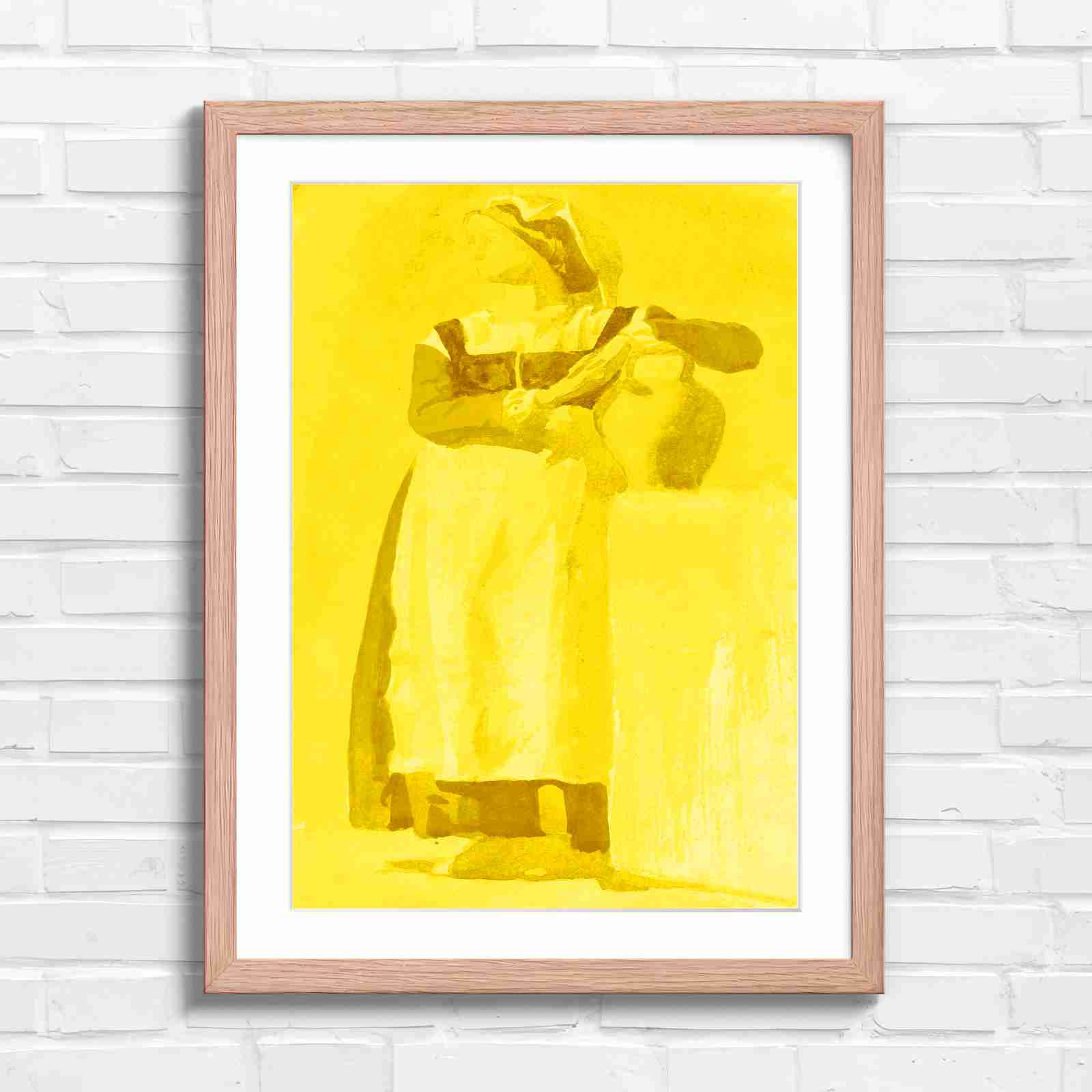 Vintage Woman With Pitcher - Yellow in Oak Frame