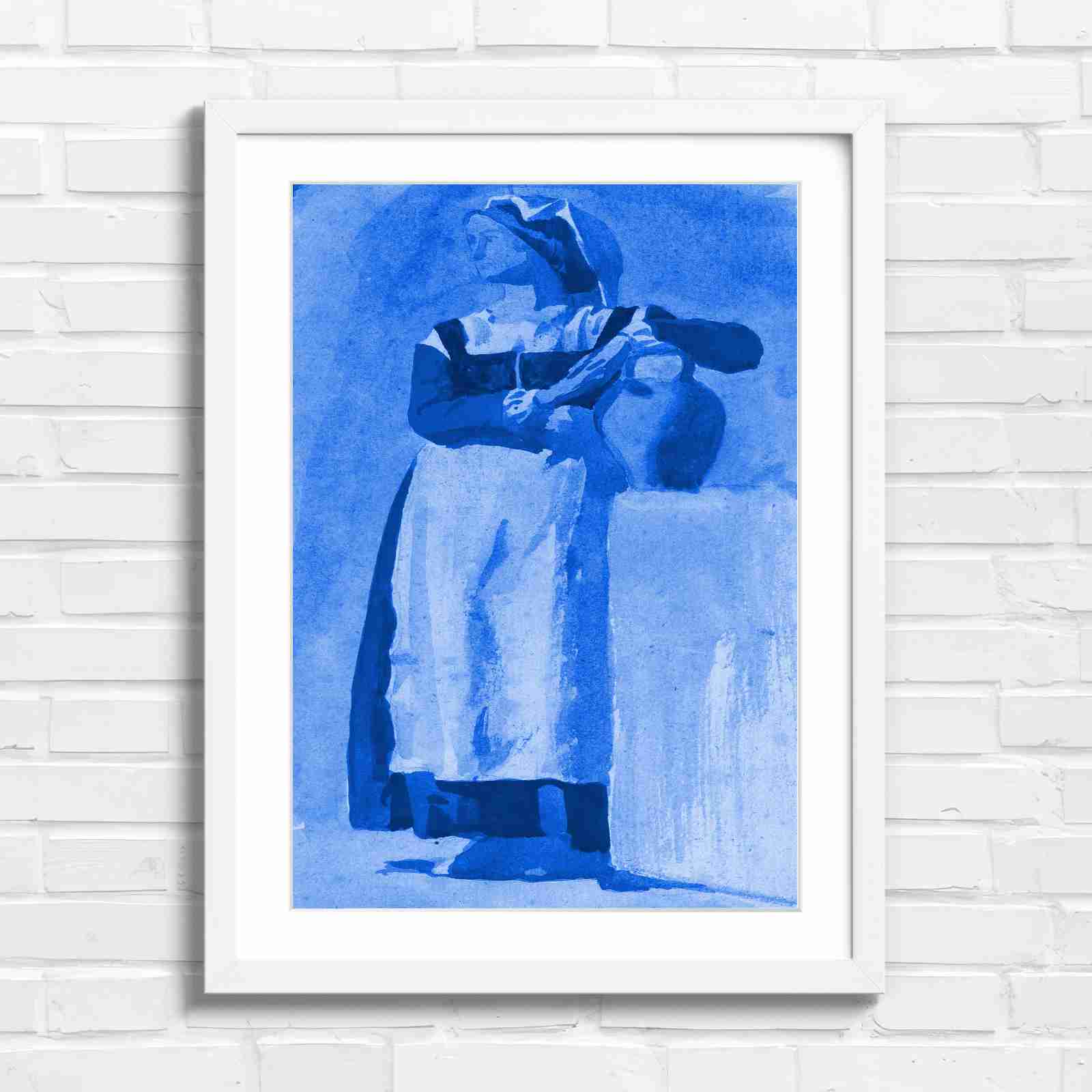 Vintage Woman With Pitcher - Blue in White Frame