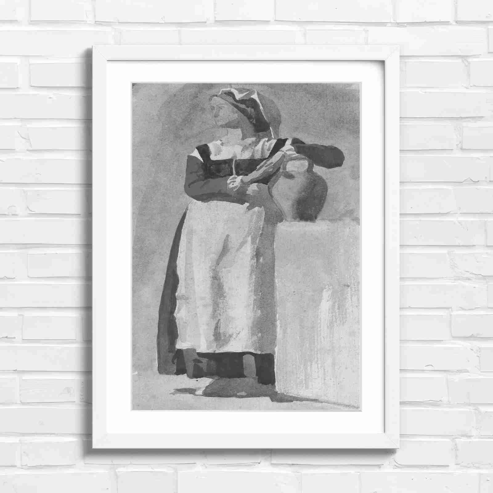 Vintage Woman With Pitcher - Black & White in White Frame