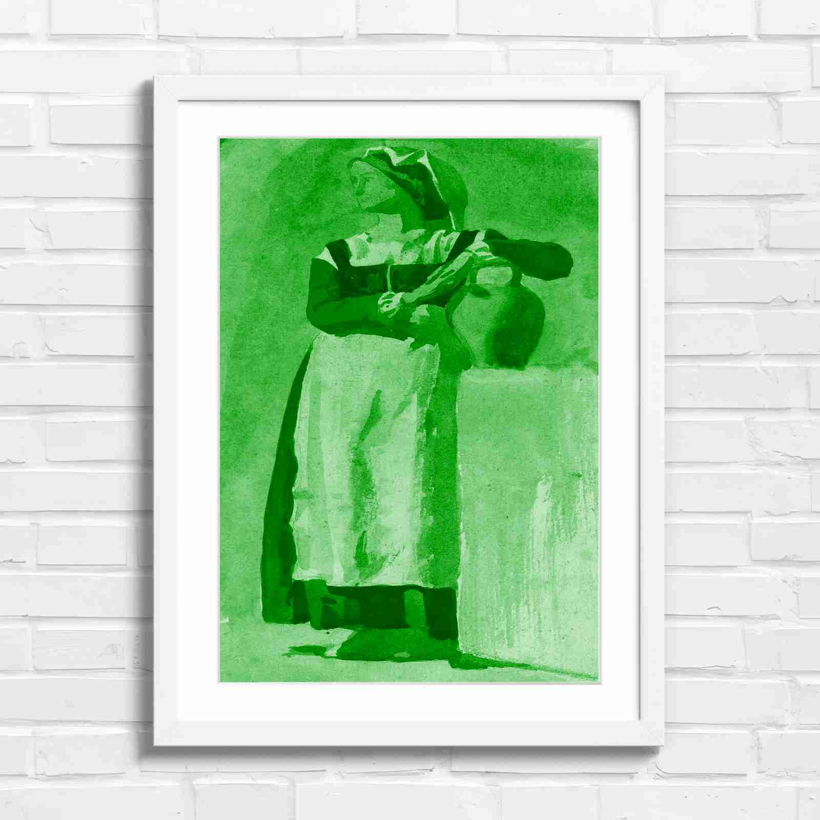 Vintage Woman With Pitcher - Green in White Frame