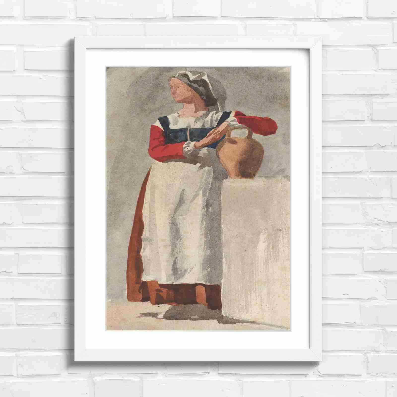 Vintage Woman With Pitcher - Original in White Frame