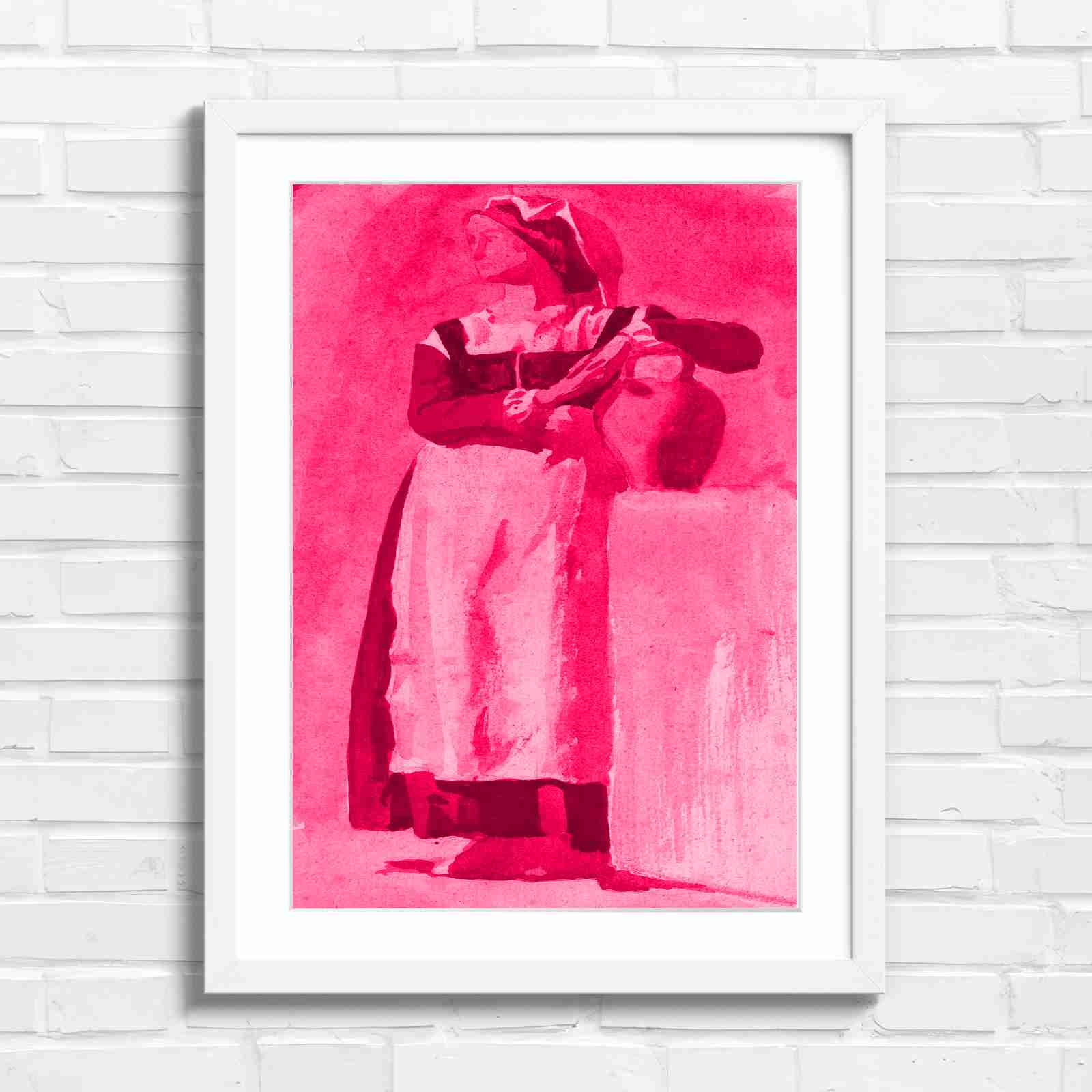 Vintage Woman With Pitcher - Pink in White Frame