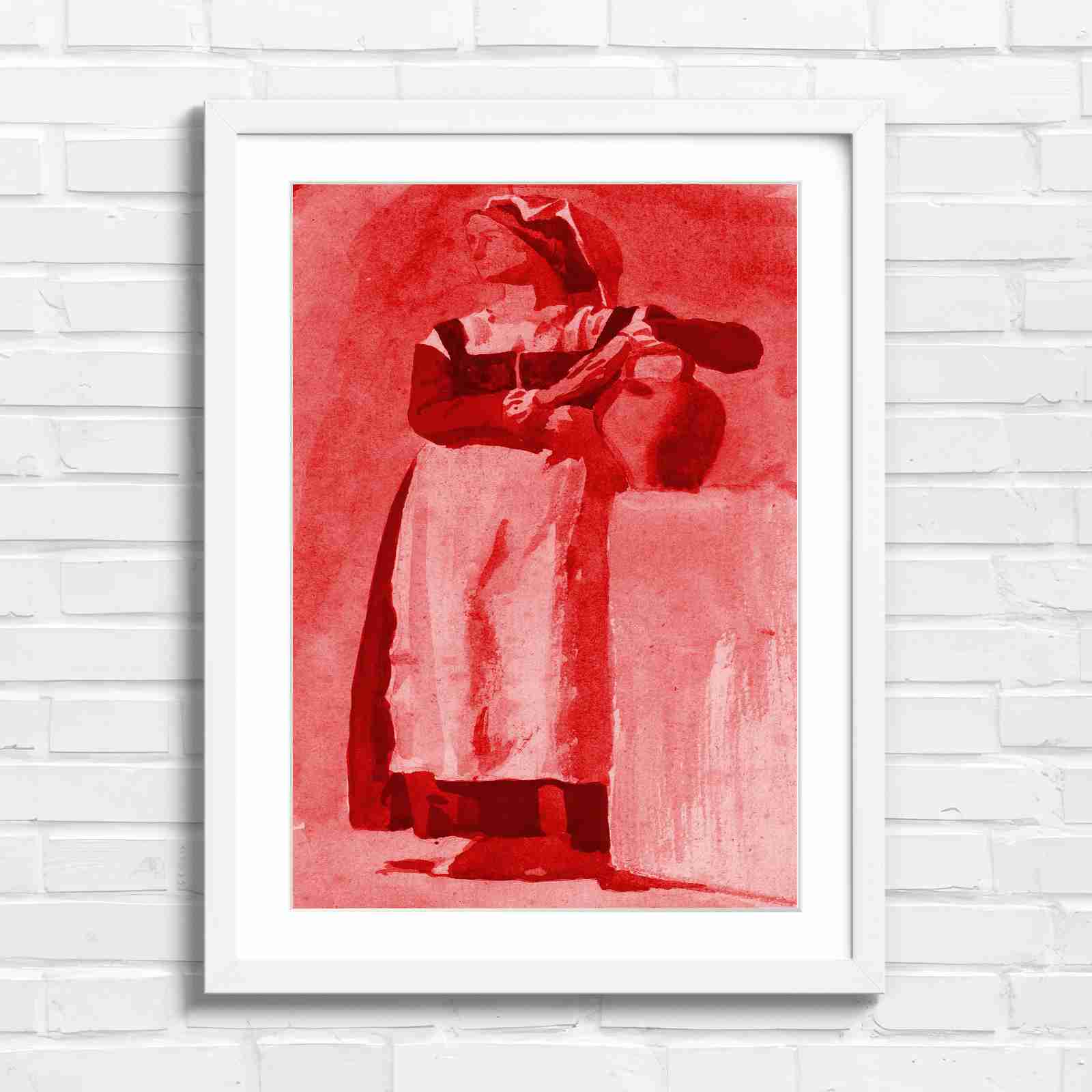 Vintage Woman With Pitcher - Red in White Frame