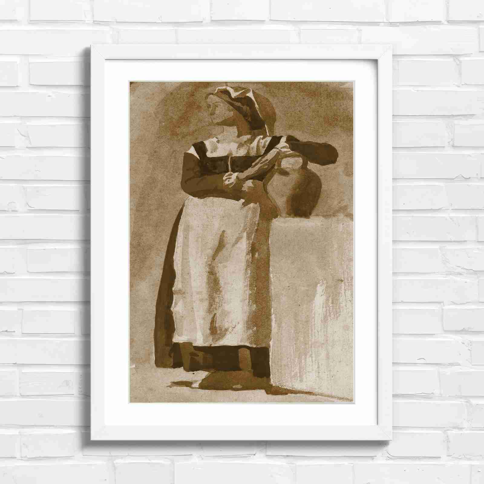 Vintage Woman With Pitcher - Sepia in White Frame