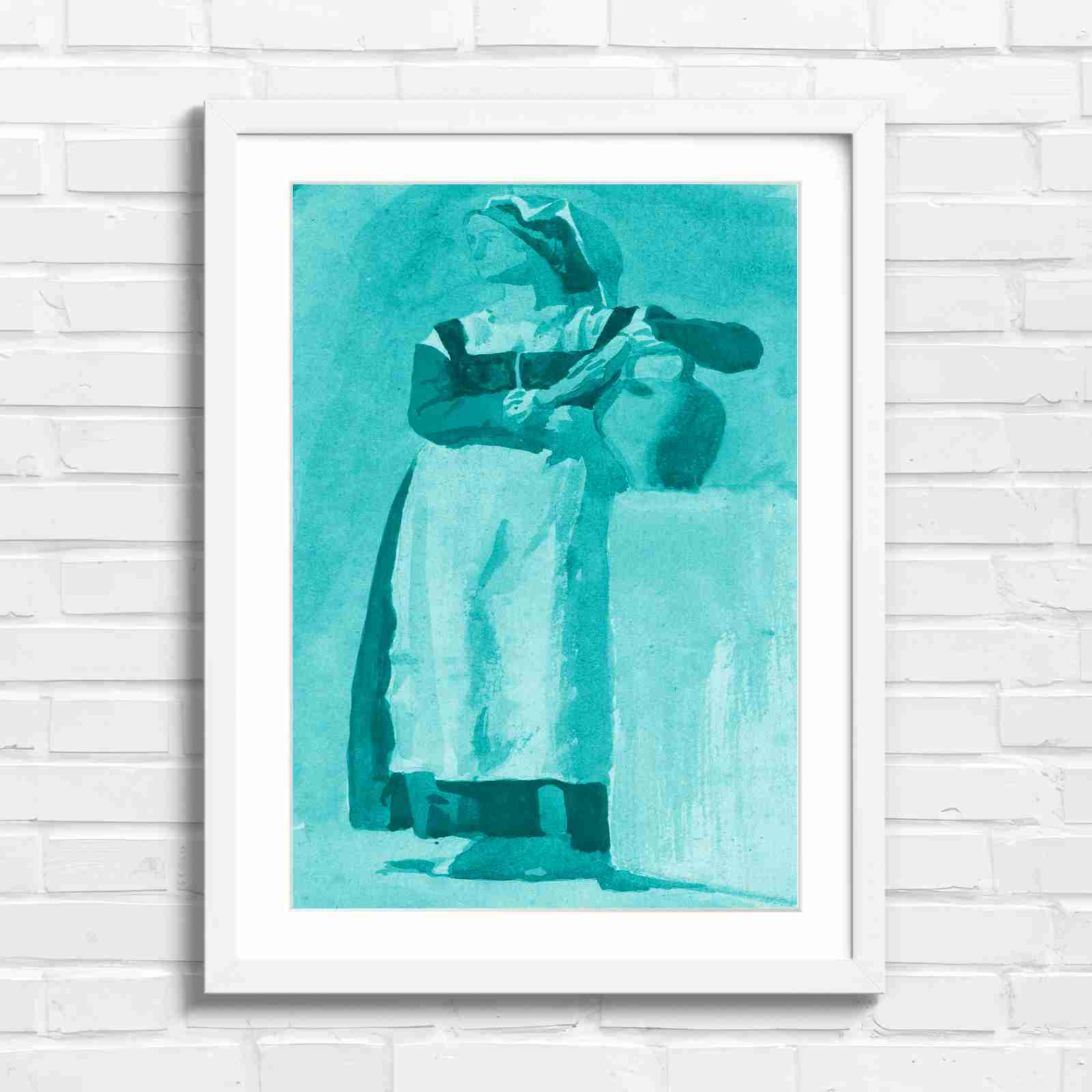 Vintage Woman With Pitcher - Teal in White Frame