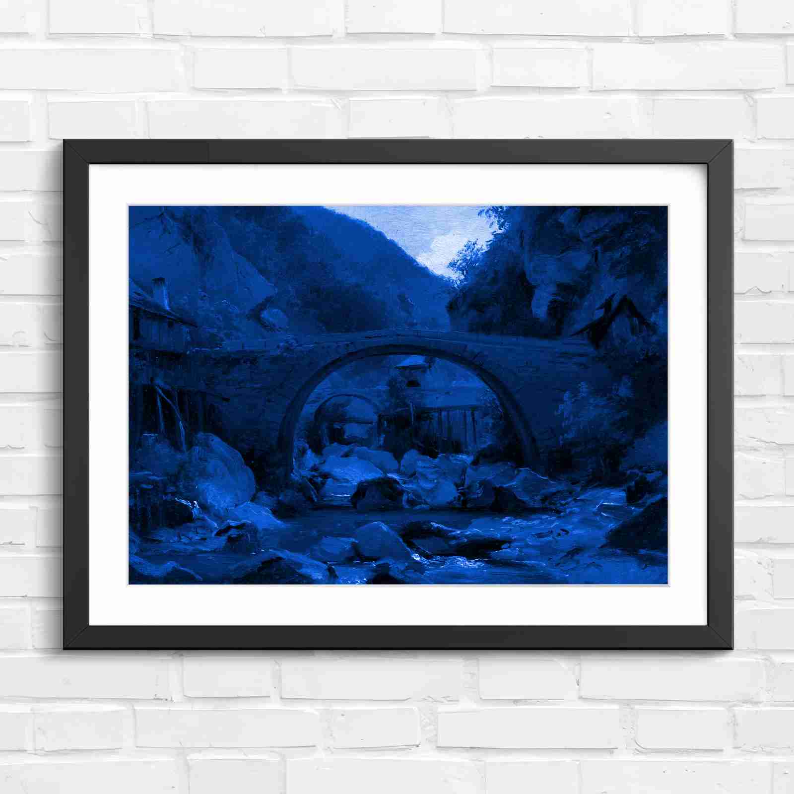 Stone Bridge Countryside Stream Valley - Blue in Black Frame