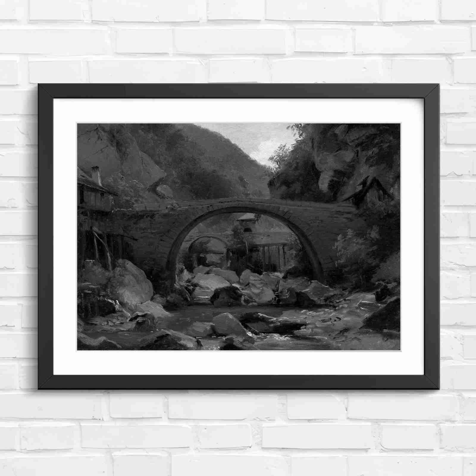 Stone Bridge Countryside Stream Valley - Black & White in Black Frame