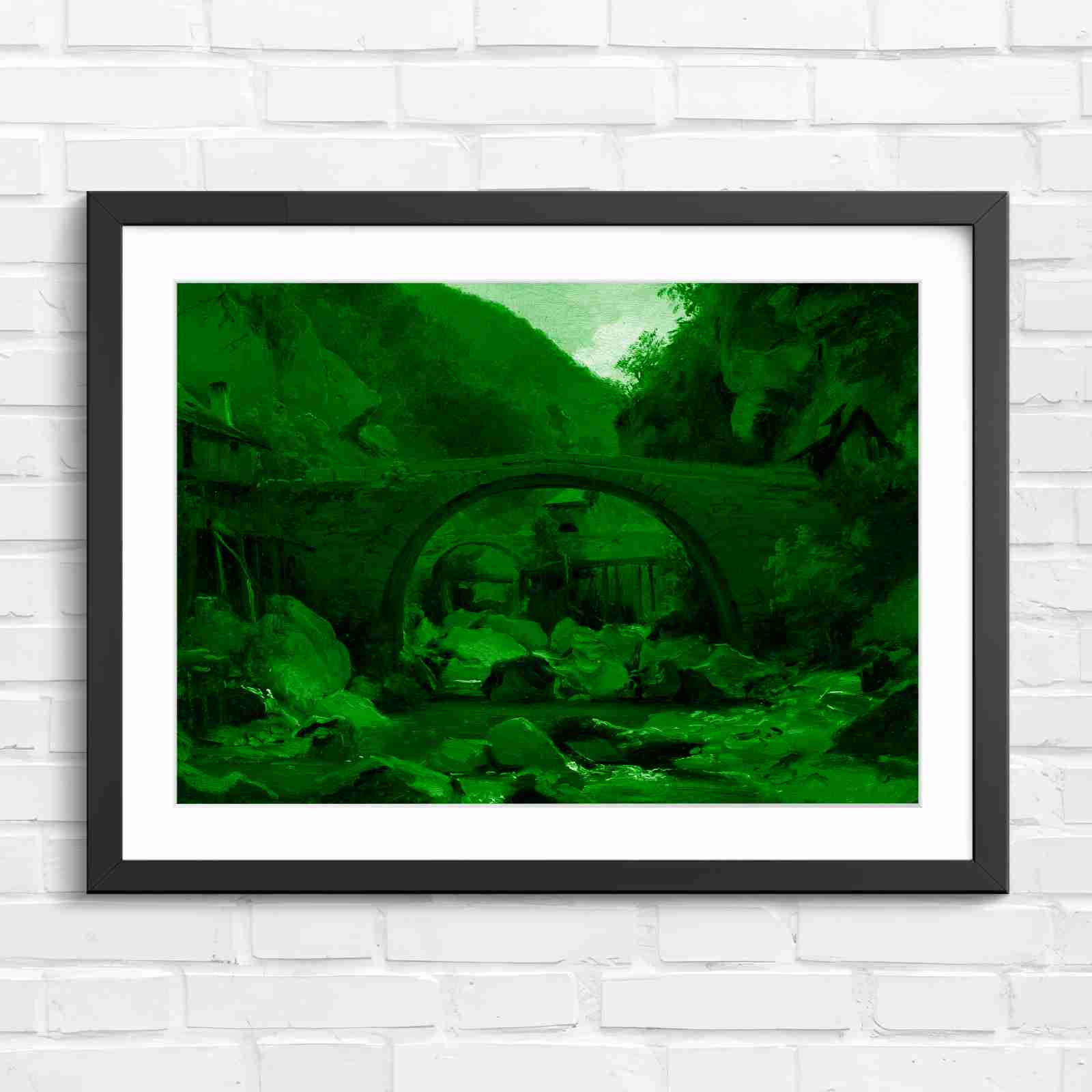 Stone Bridge Countryside Stream Valley - Green in Black Frame
