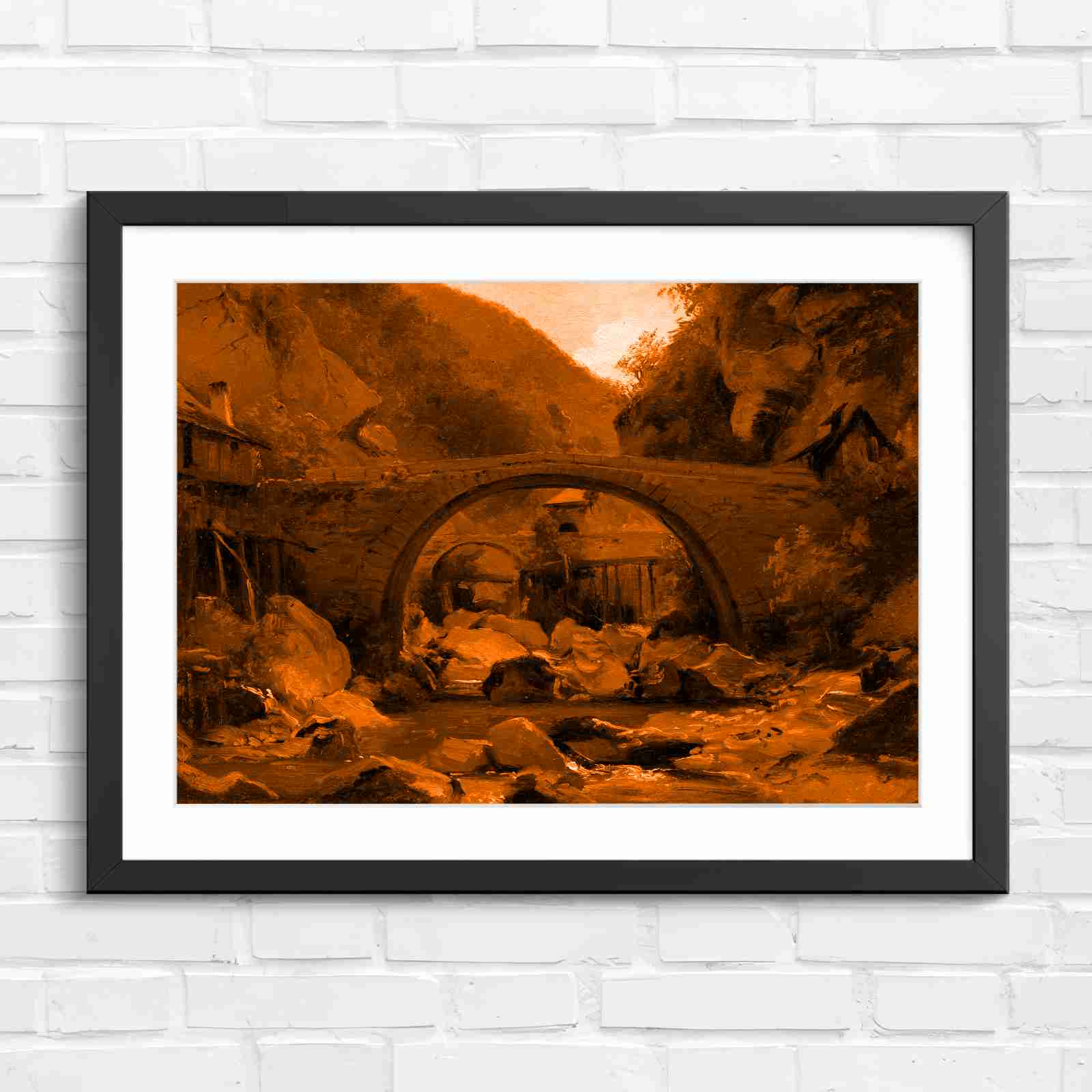 Stone Bridge Countryside Stream Valley - Orange in Black Frame