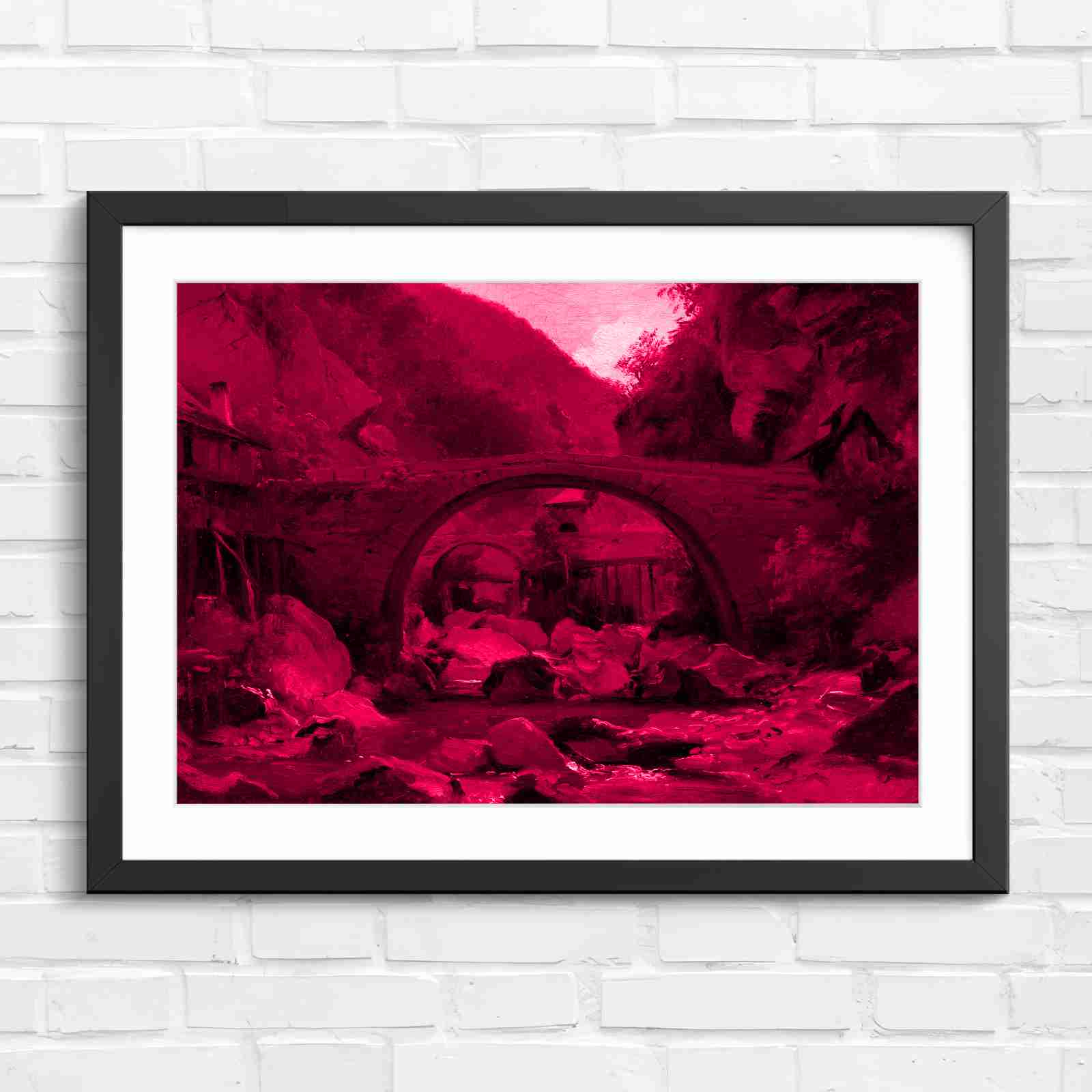 Stone Bridge Countryside Stream Valley - Pink in Black Frame