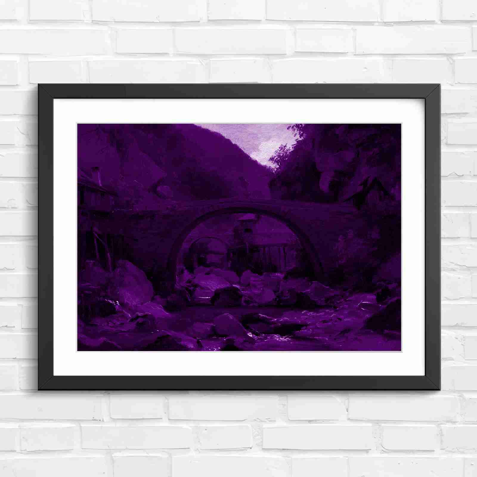 Stone Bridge Countryside Stream Valley - Purple in Black Frame