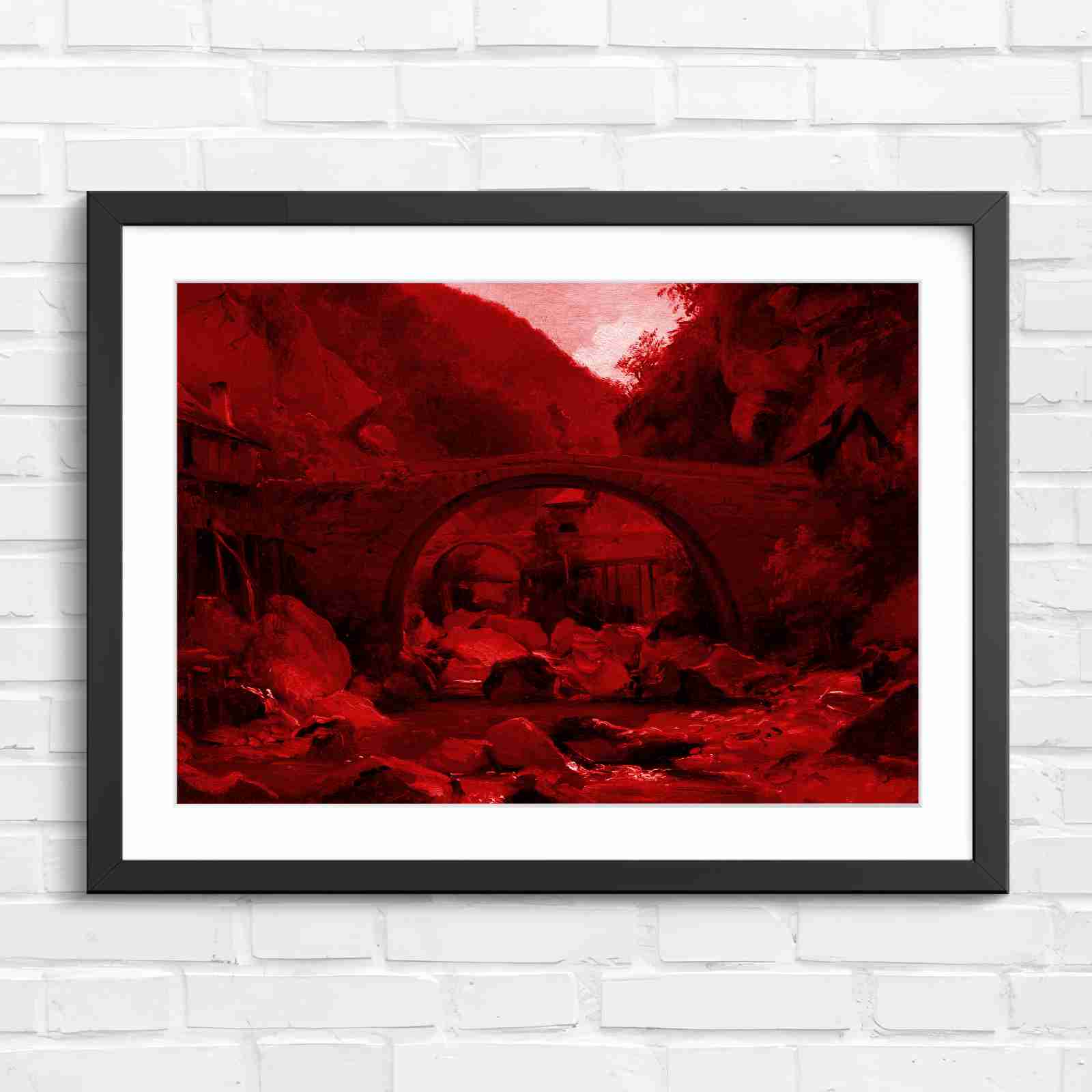 Stone Bridge Countryside Stream Valley - Red in Black Frame