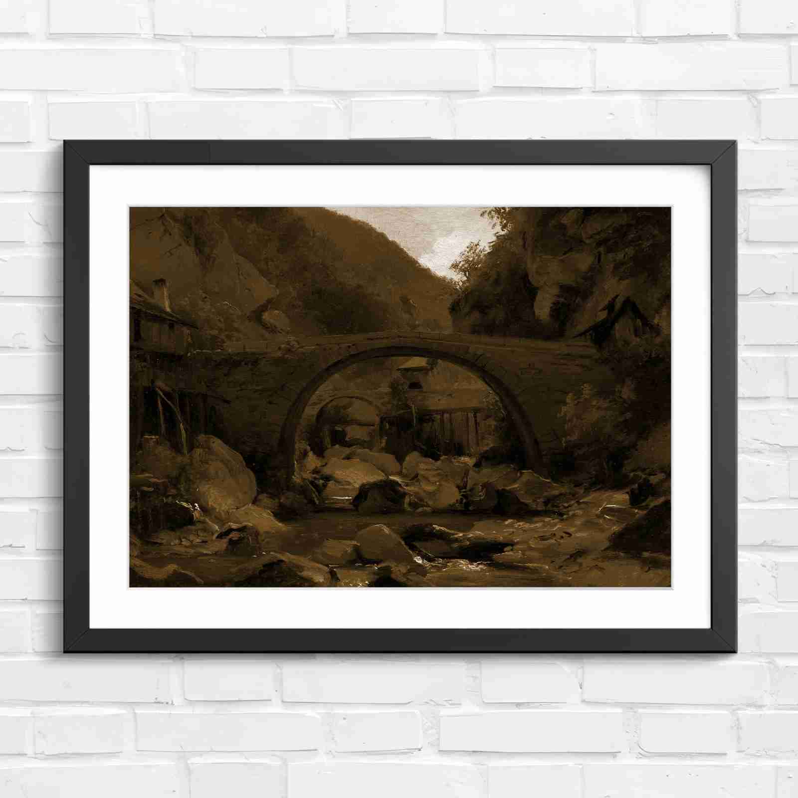 Stone Bridge Countryside Stream Valley - Sepia in Black Frame
