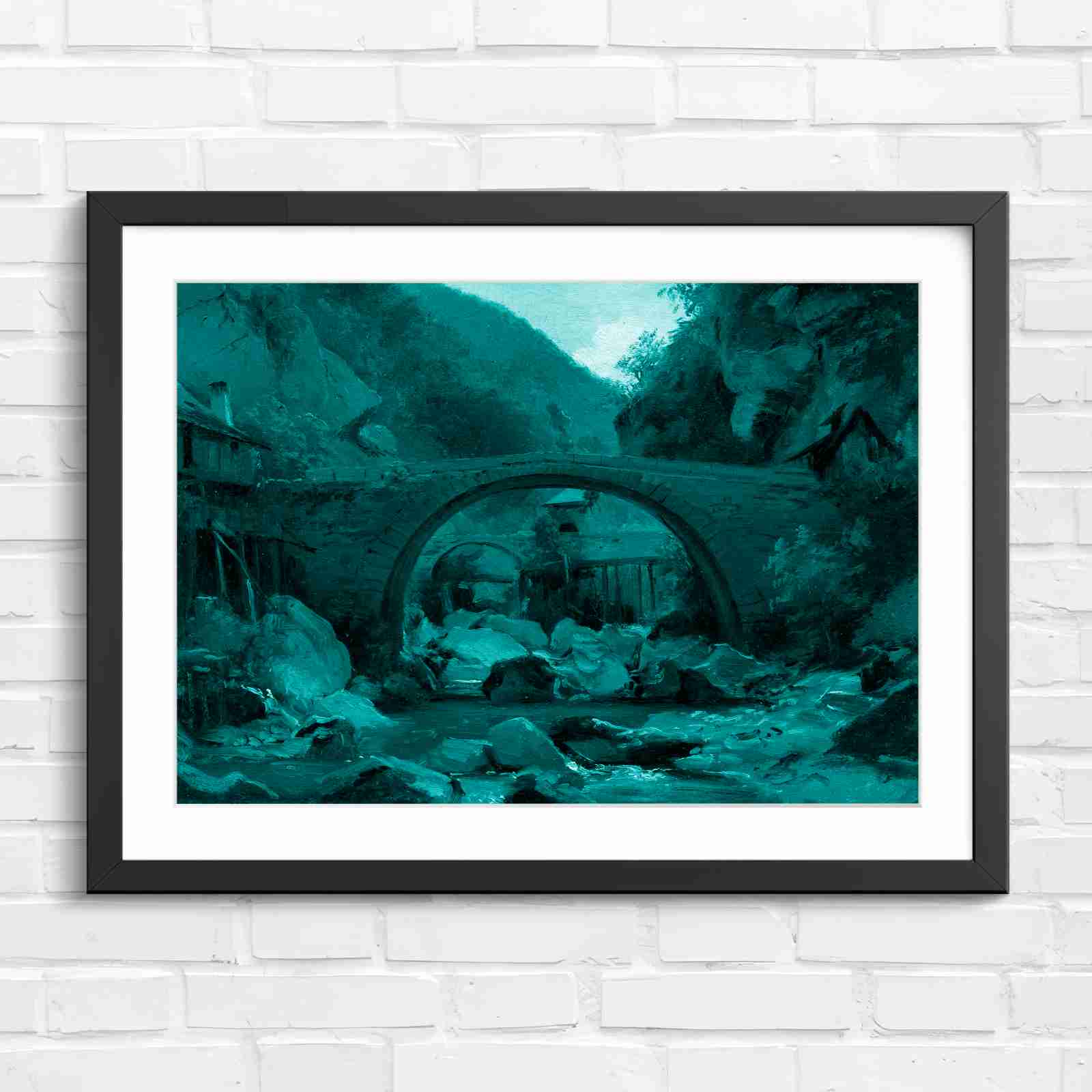 Stone Bridge Countryside Stream Valley - Teal in Black Frame