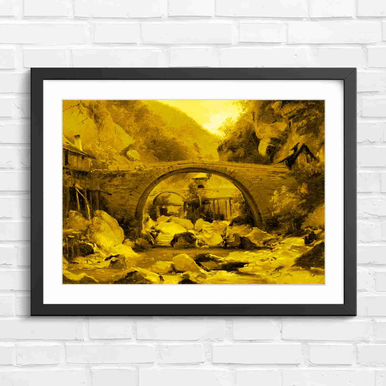 Stone Bridge Countryside Stream Valley - Yellow in Black Frame