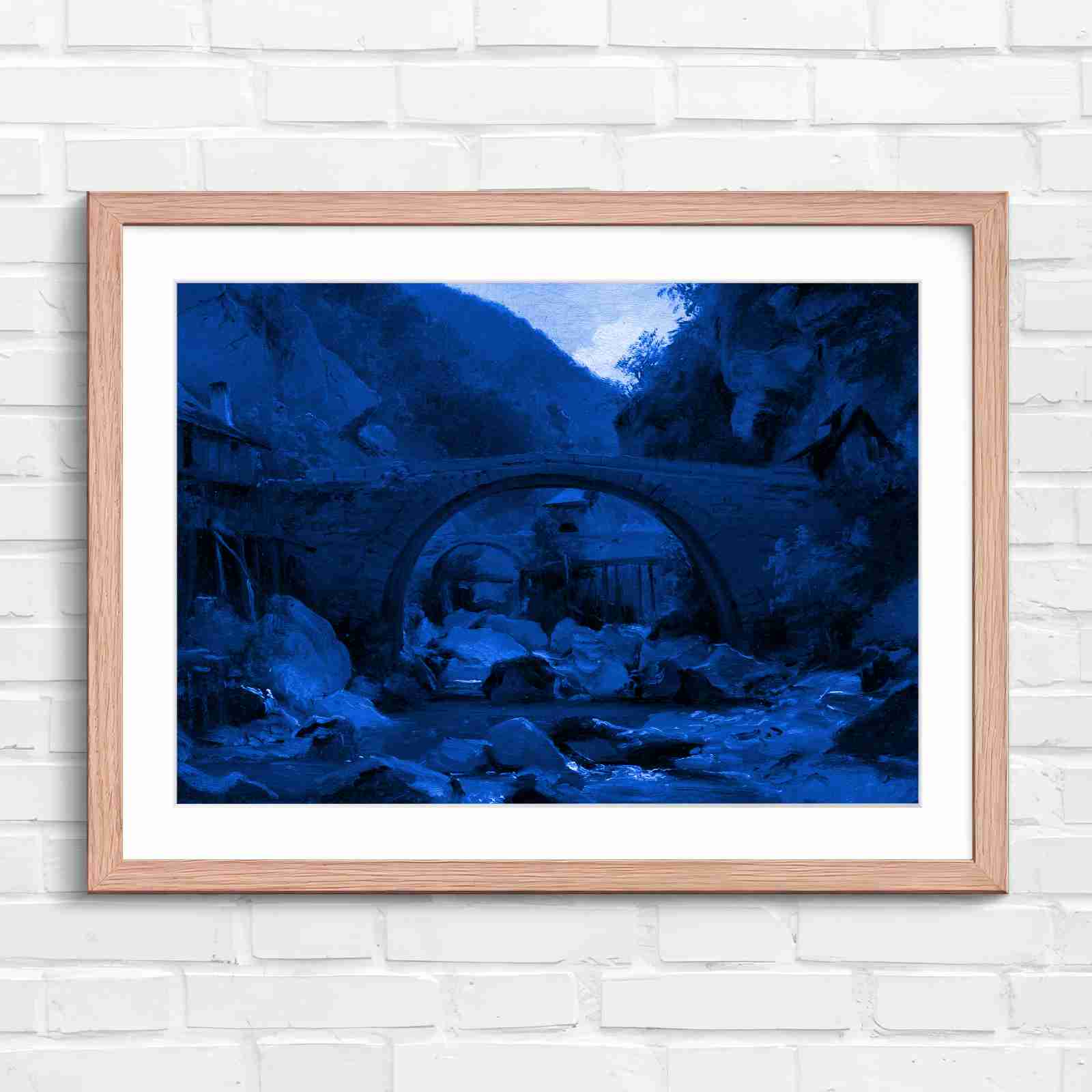 Stone Bridge Countryside Stream Valley - Blue in Oak Frame