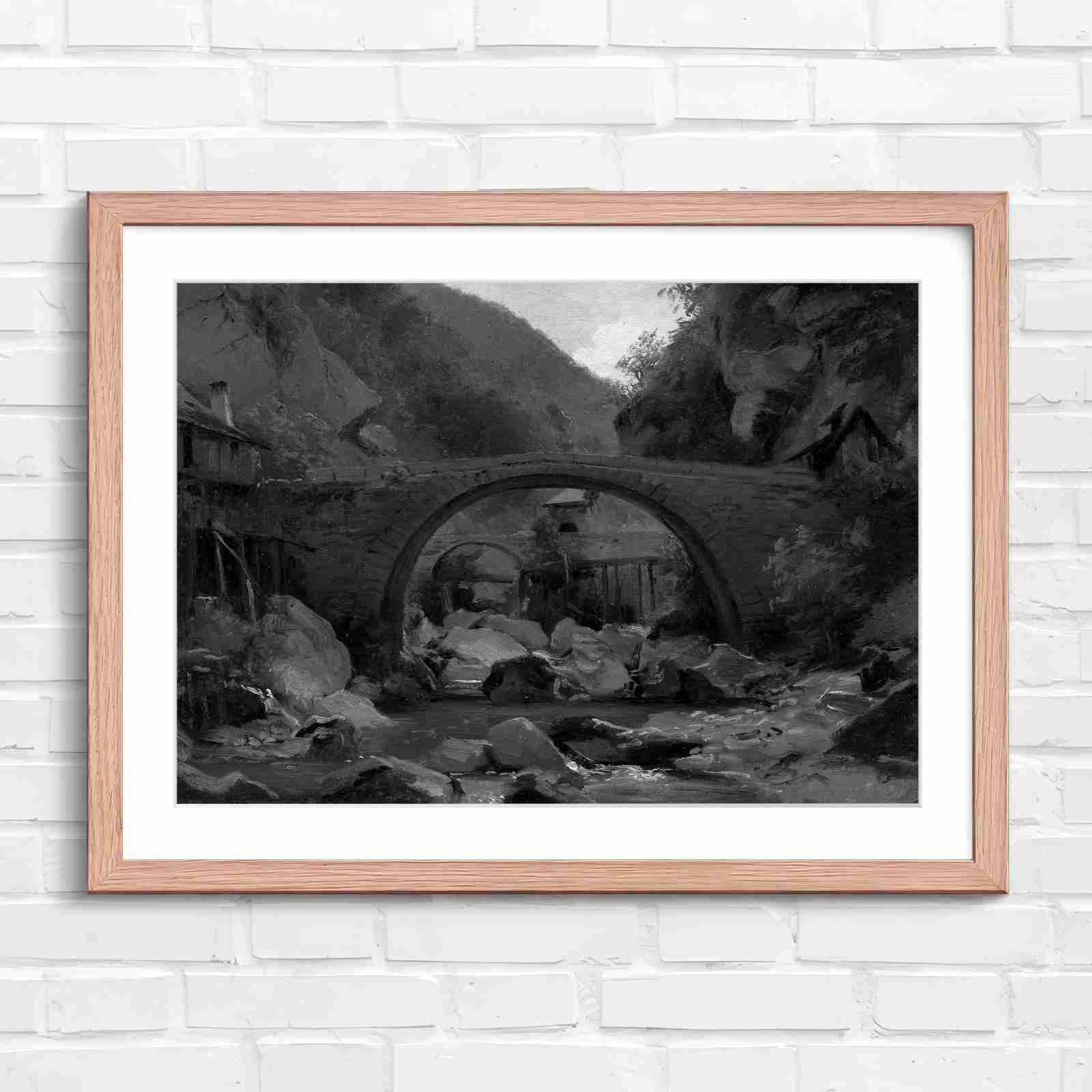 Stone Bridge Countryside Stream Valley - Black & White in Oak Frame