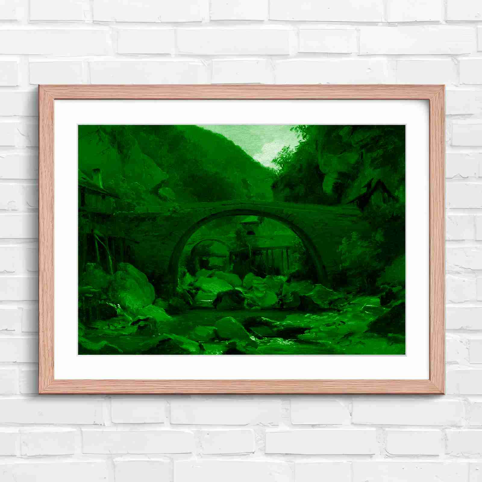 Stone Bridge Countryside Stream Valley - Green in Oak Frame