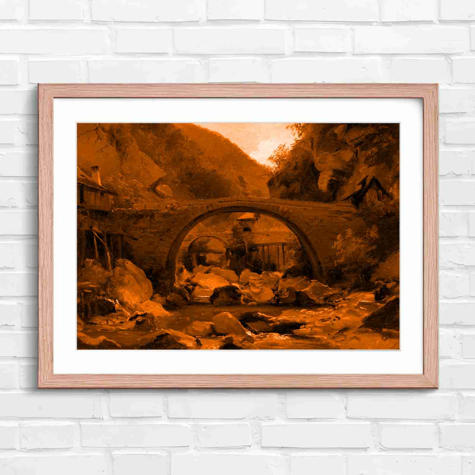 Stone Bridge Countryside Stream Valley - Orange in Oak Frame