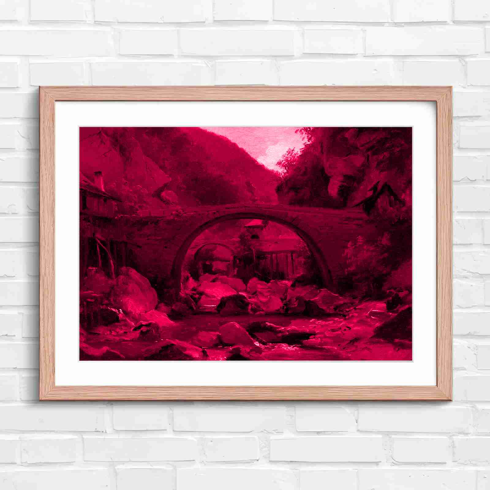 Stone Bridge Countryside Stream Valley - Pink in Oak Frame