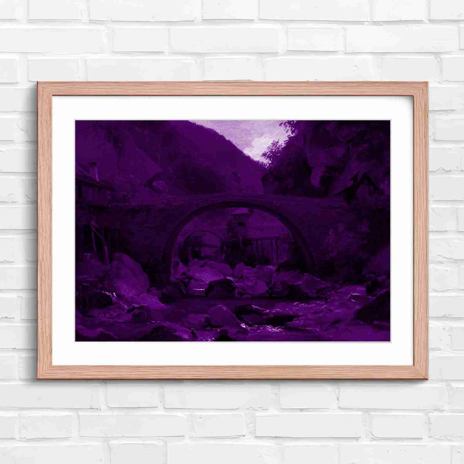 Stone Bridge Countryside Stream Valley - Purple in Oak Frame
